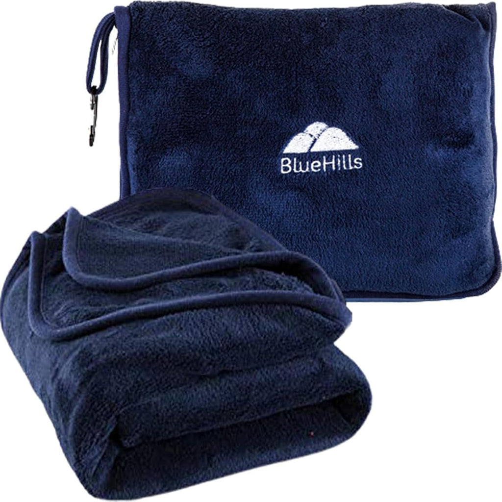 BlueHills Premium Soft Long Travel Blanket Pillow for Tall Airplane Flight Blanket Throw Luggage Belt & Backpack Clip Compact Packable…