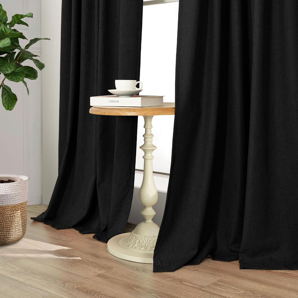 Pitalk Black Curtains 84 Inches Long for Bedroom 2 Panel Set Linen Textured Total Blackout Thermal Insulated Darkening Dark Curtains Black…
