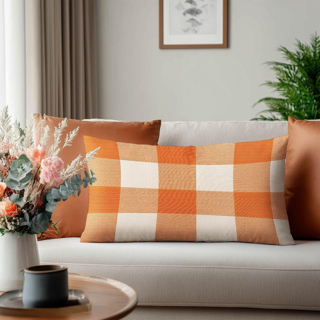 HOMETITUTE Orange Plaid Pillow Covers Decorative Pack of 2 Satin 12x20 Inch Lumbar Throw Pillow Cases for Sofa Couch Living Room…