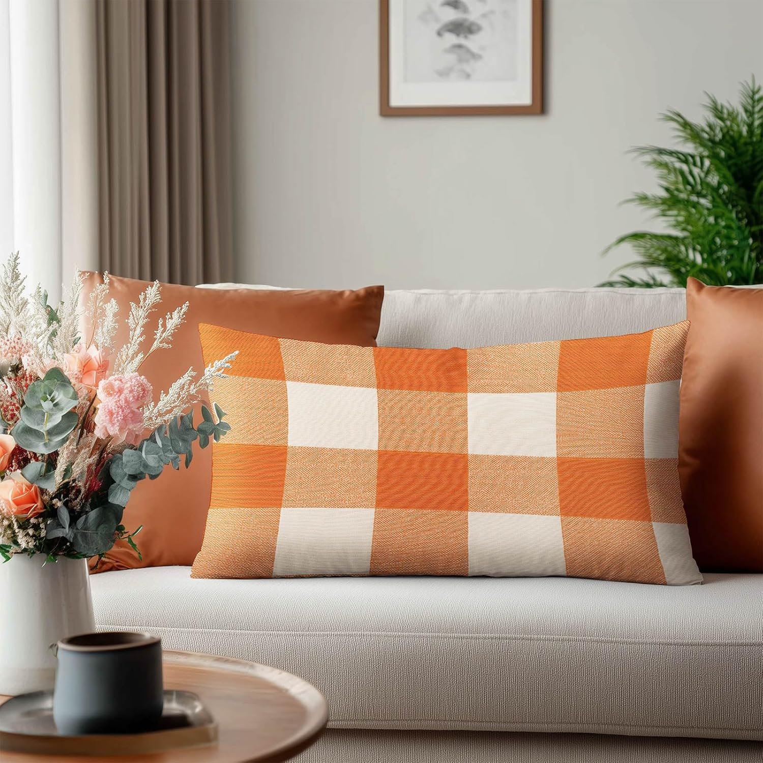 HOMETITUTE Orange Plaid Pillow Covers Decorative Pack of 2 Satin 12x20 Inch Lumbar Throw Pillow Cases for Sofa Couch Living Room…