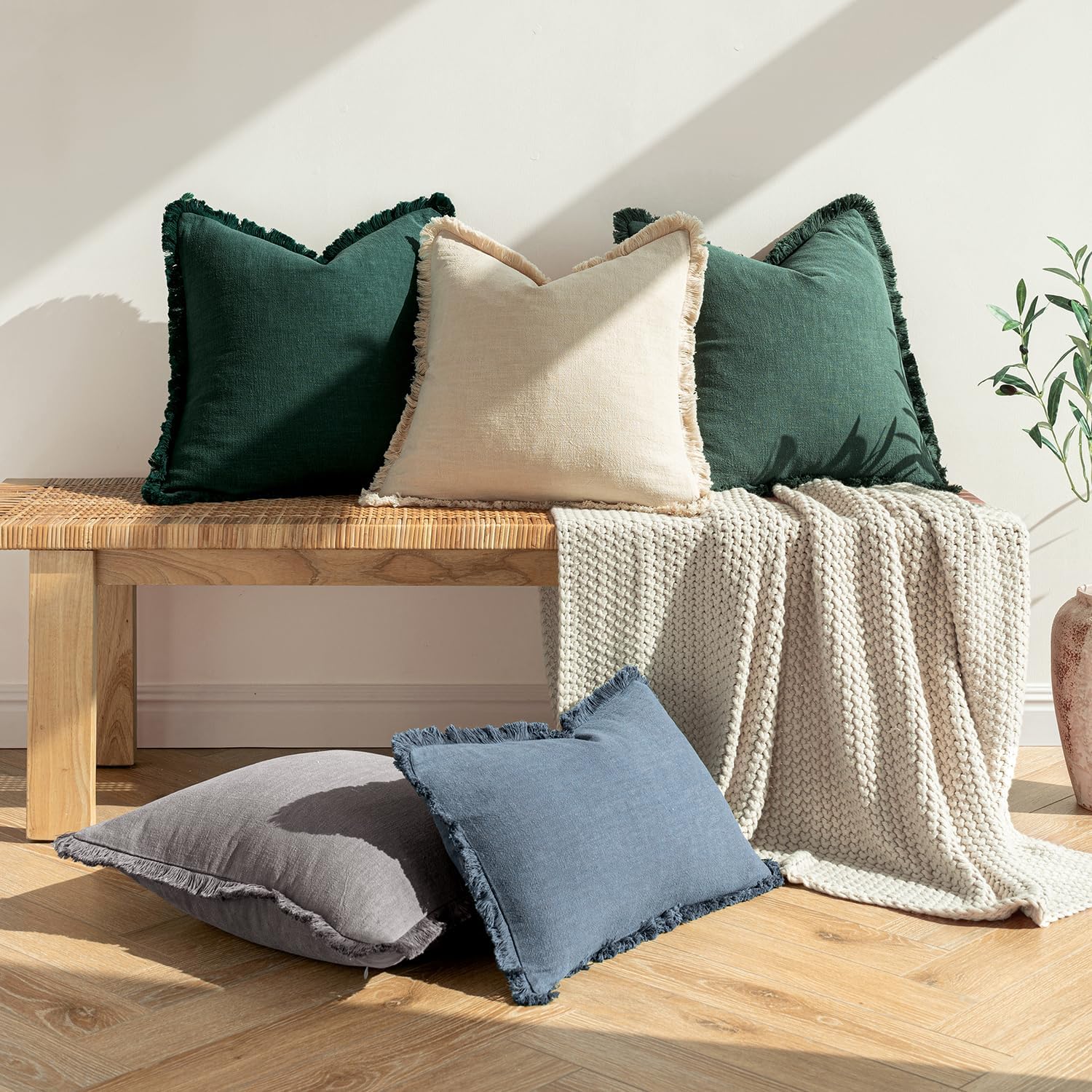 Miulee Decorative Throw Pillow Covers Neutral Linen Fringe Throw Pillows Set of 2 Army Green Boho Farmhouse Cushion Covers with Tassels for…