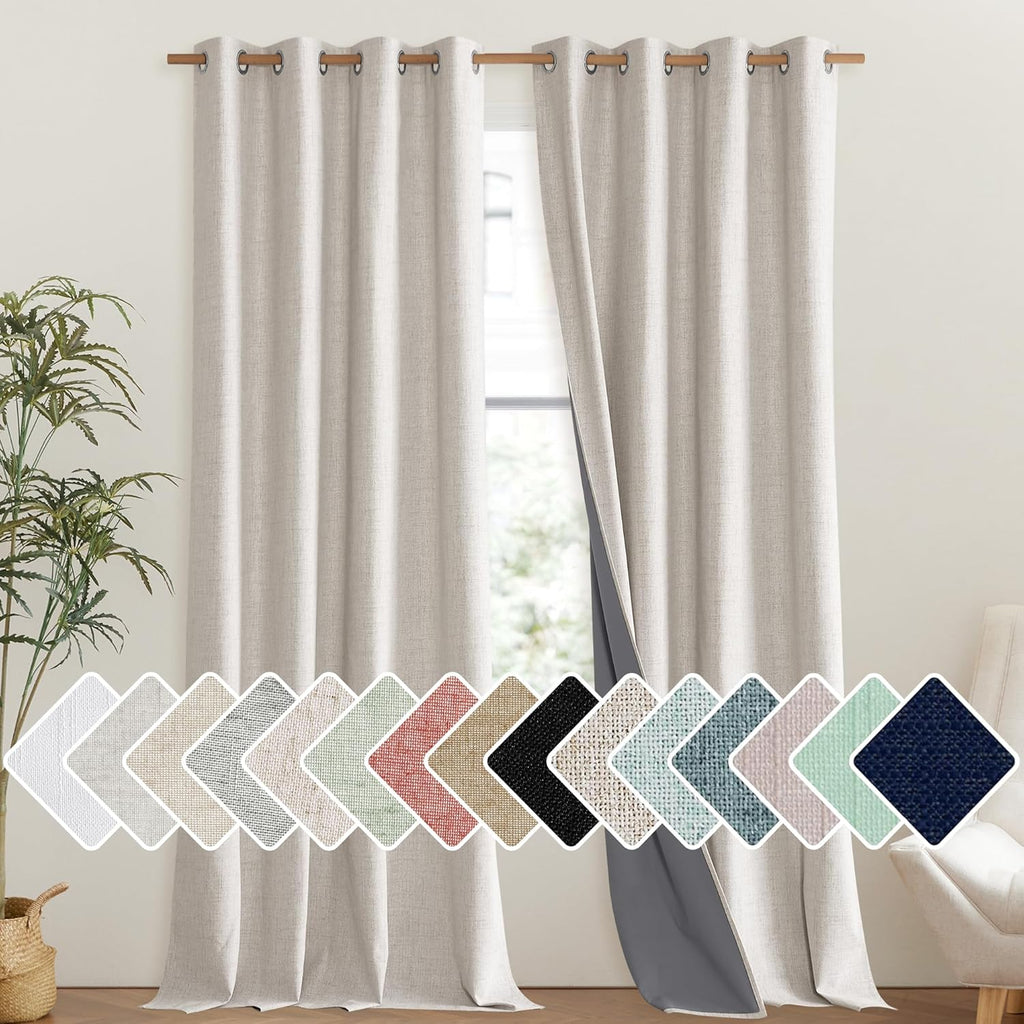NICETOWN Brich Vintage Open Linen Weave Flax Thermal Curtains, 100% Blackout Curtains 120" Long for Dining Room, Soundproof Window…