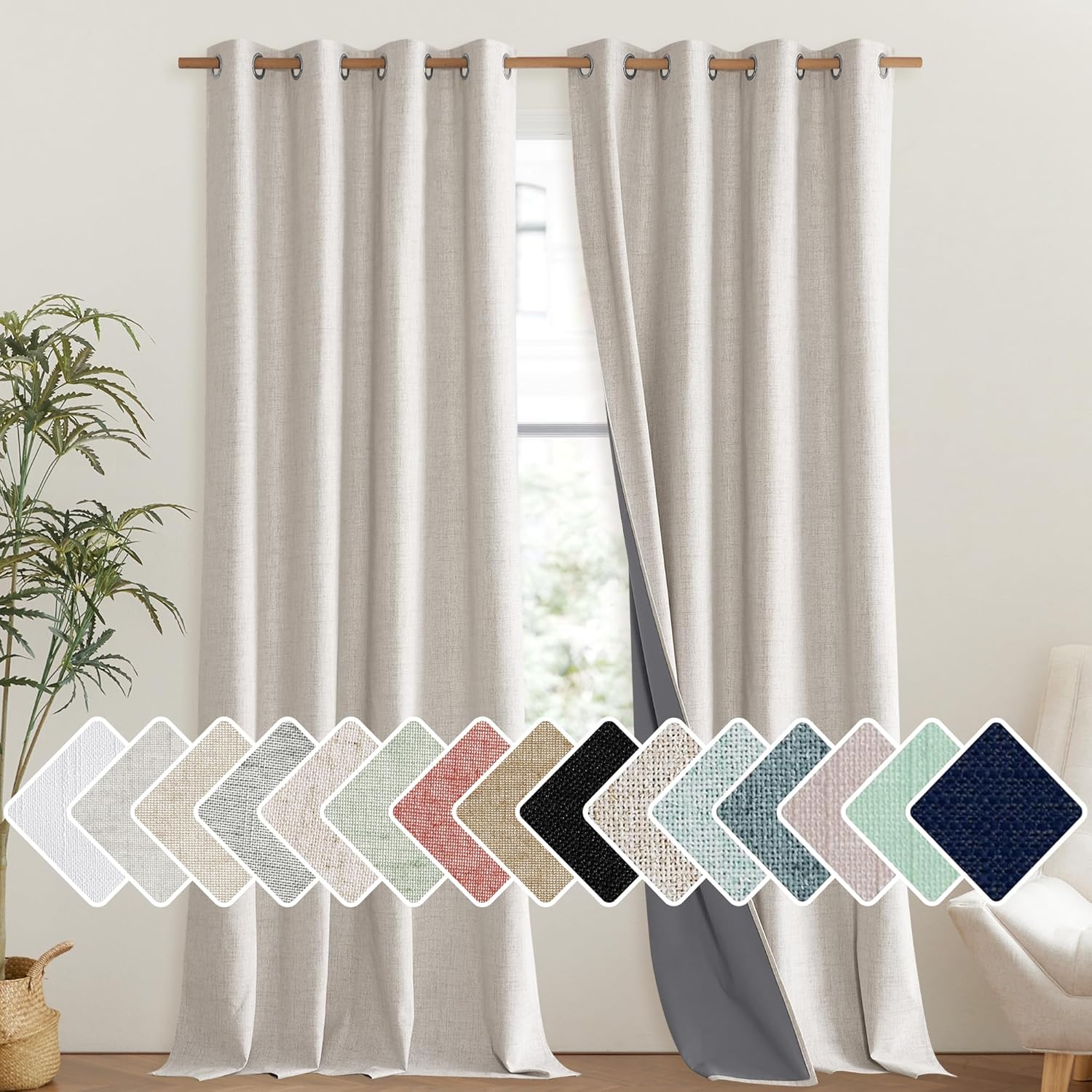 NICETOWN Brich Vintage Open Linen Weave Flax Thermal Curtains, 100% Blackout Curtains 120" Long for Dining Room, Soundproof Window…
