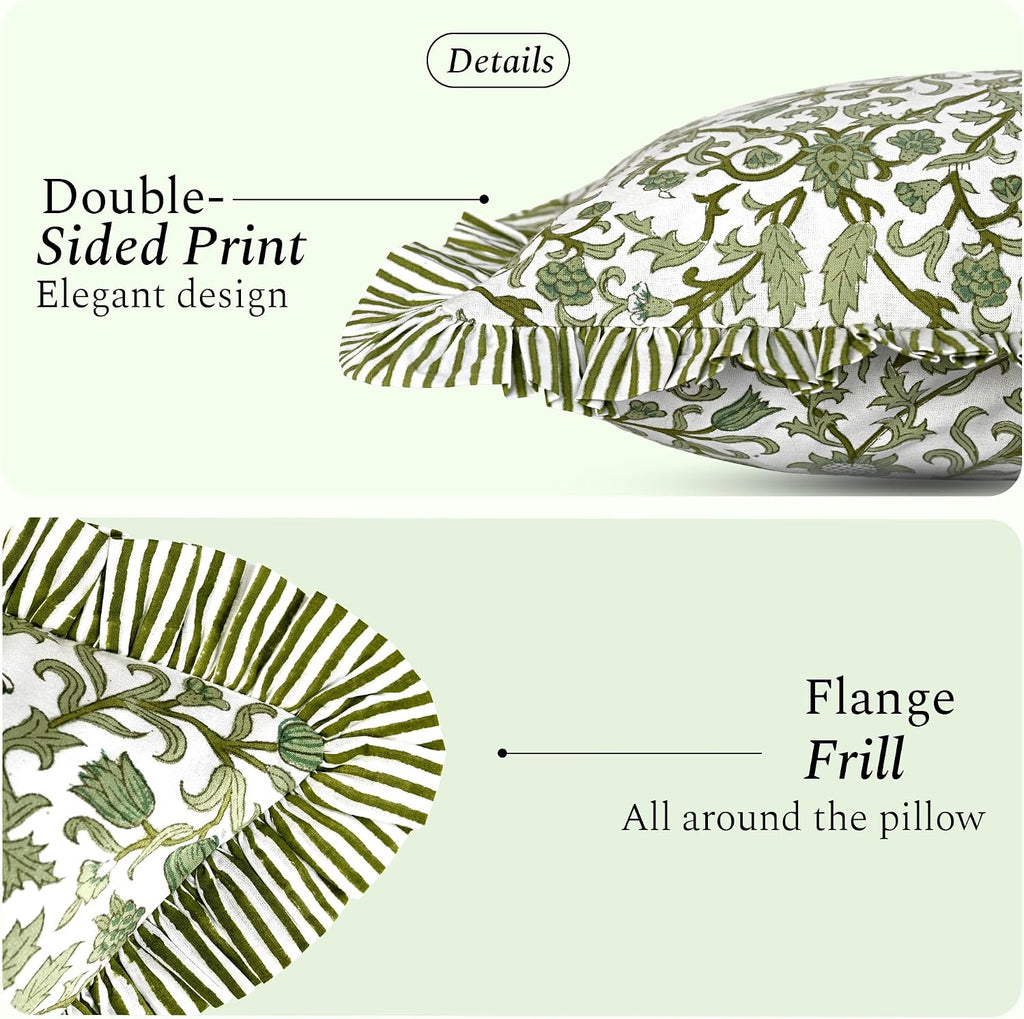 Cottonprintclub CPC Hand Block Print Meadow Vine Ruffle Sham Pillow Cover 20" x 12" inch Hidden Zipper Decorative Pillowcase for Couch, Bed…