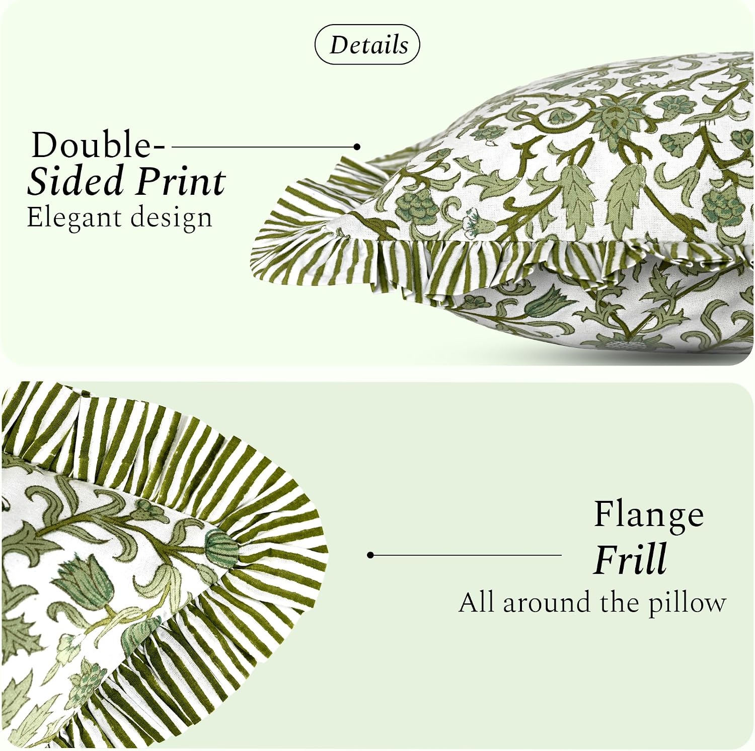 Cottonprintclub CPC Hand Block Print Meadow Vine Ruffle Sham Pillow Cover 20" x 12" inch Hidden Zipper Decorative Pillowcase for Couch, Bed…