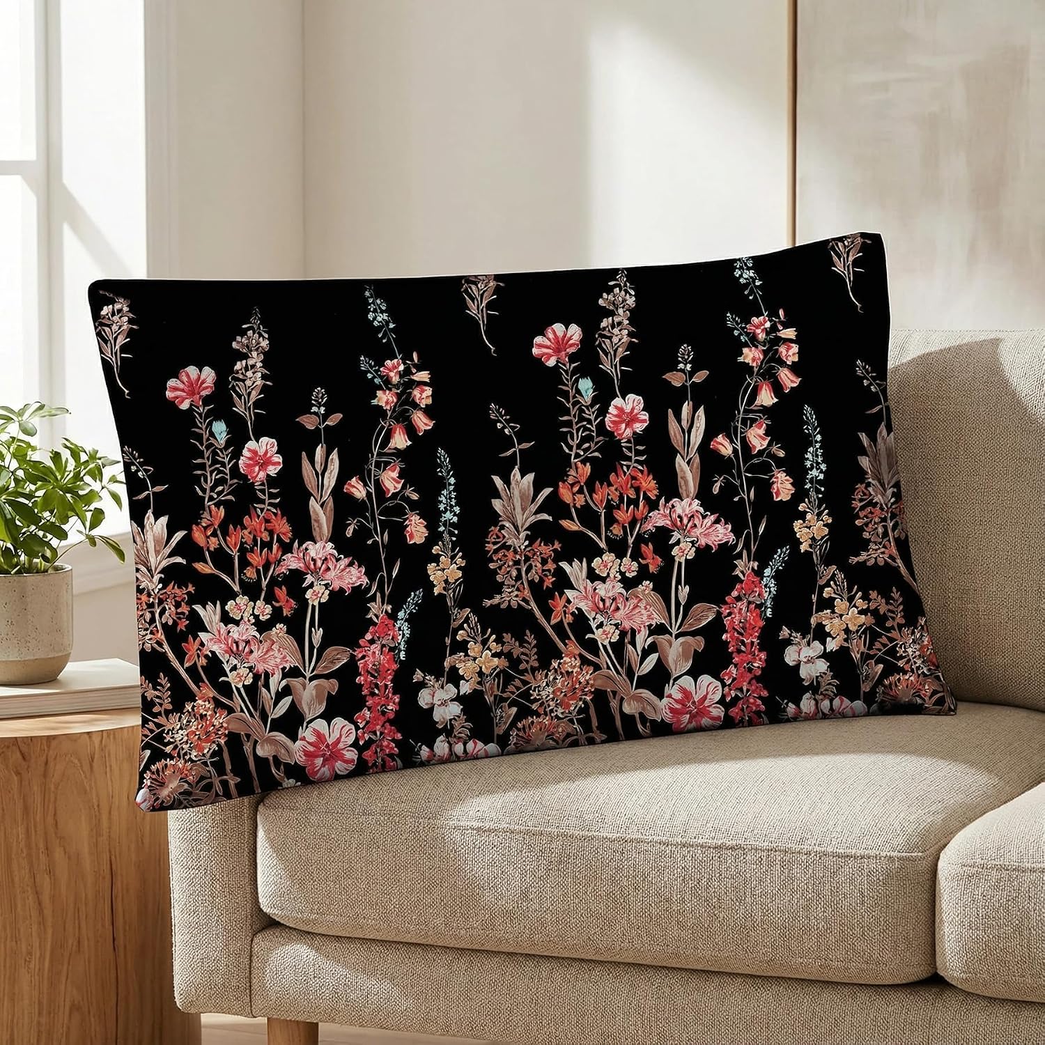 Mag 2 Pack Black Floral Pillowcases Standard Size 20"x26", Soft Microfiber Pillow Covers with Pink Botanical Print, Decorative Bedroom Pill…