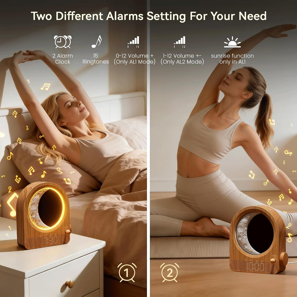 blonbar Sunrise Alarm Clocks with Dimmable Moon Lamp, 2 Alarm Clocks with 12Levels Volume for Heavy Sleepers, 10 Natural Sounds with 30/60/…