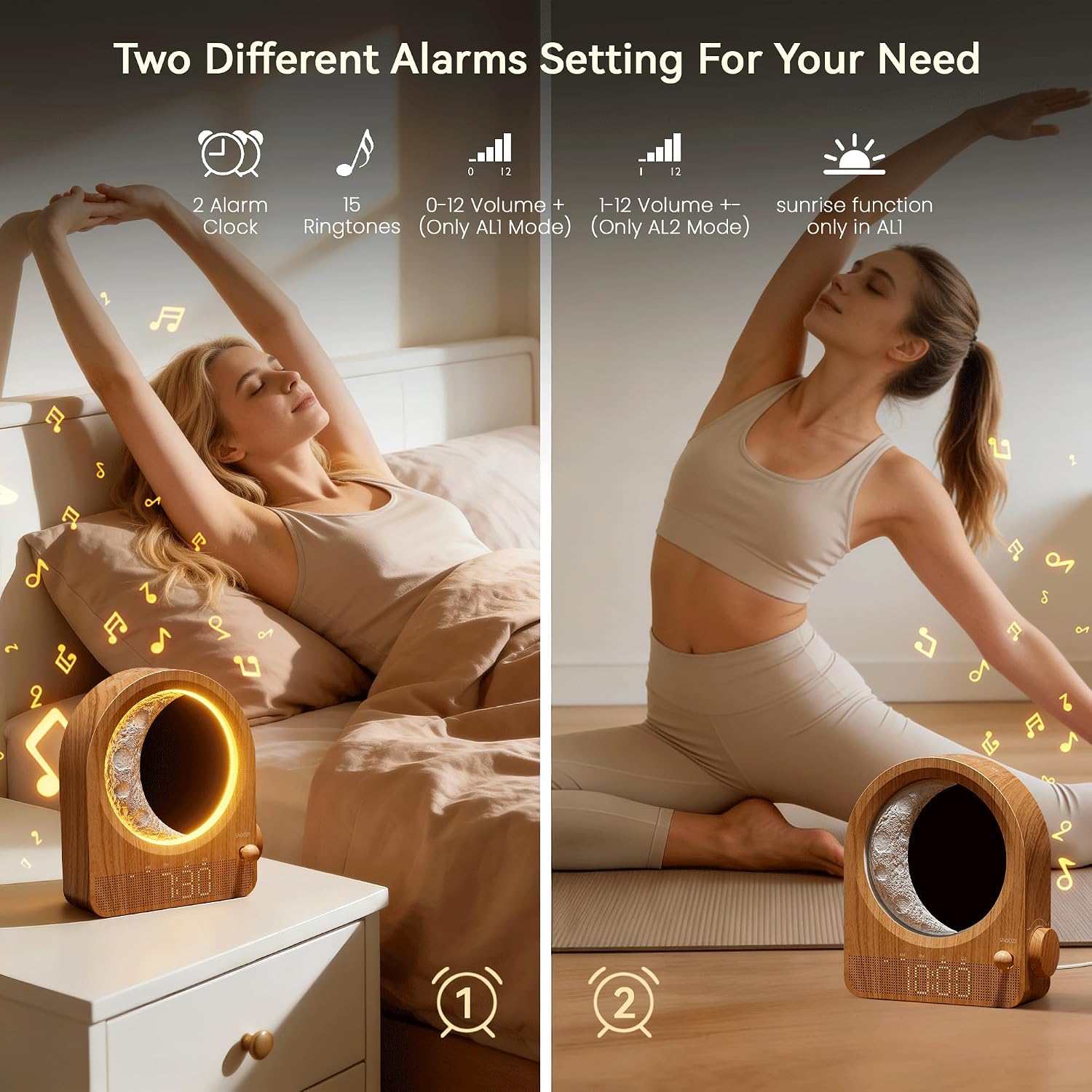 blonbar Sunrise Alarm Clocks with Dimmable Moon Lamp, 2 Alarm Clocks with 12Levels Volume for Heavy Sleepers, 10 Natural Sounds with 30/60/…