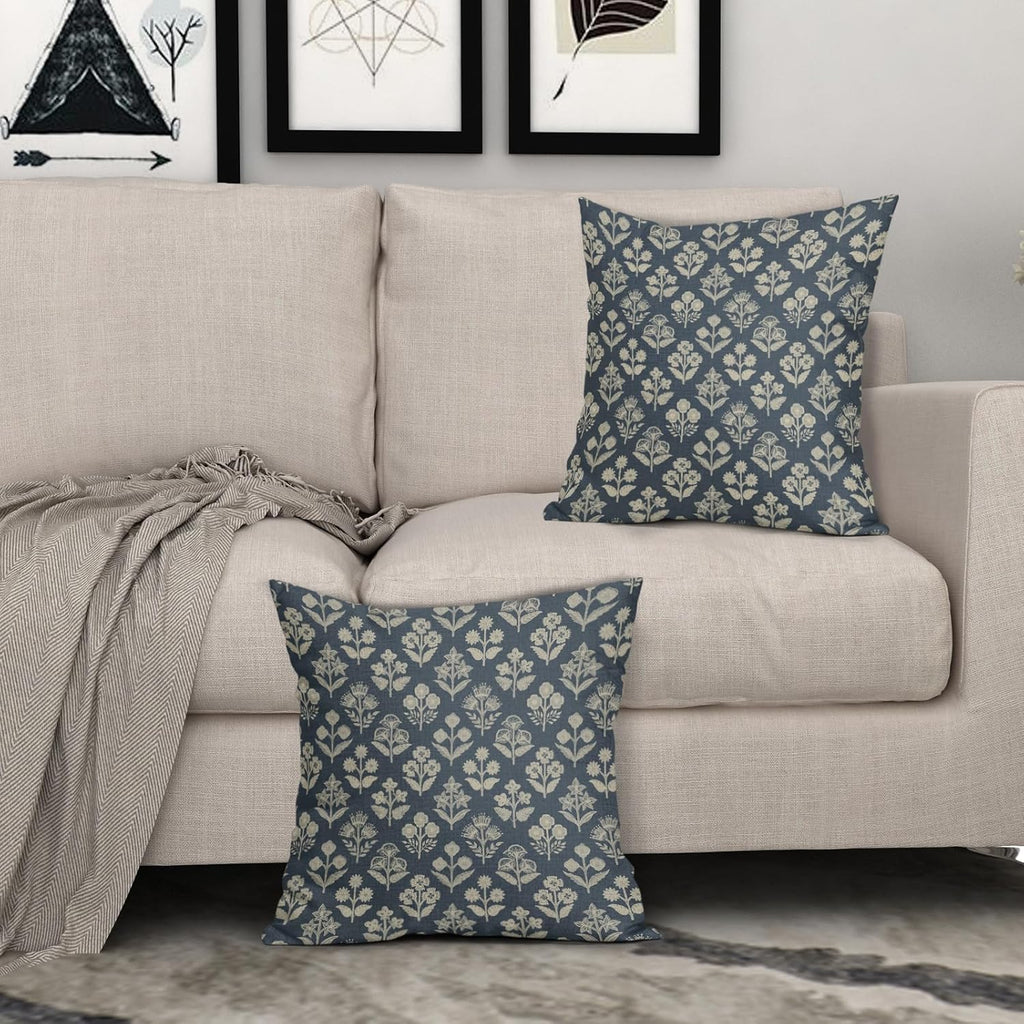 Dusty Blue Floral Pillow Covers 22x22 Inch Set of 2, Vintage Flower Block Pattern Decorative Throw Pillowcases Outdoor Farmhouse Cushion…