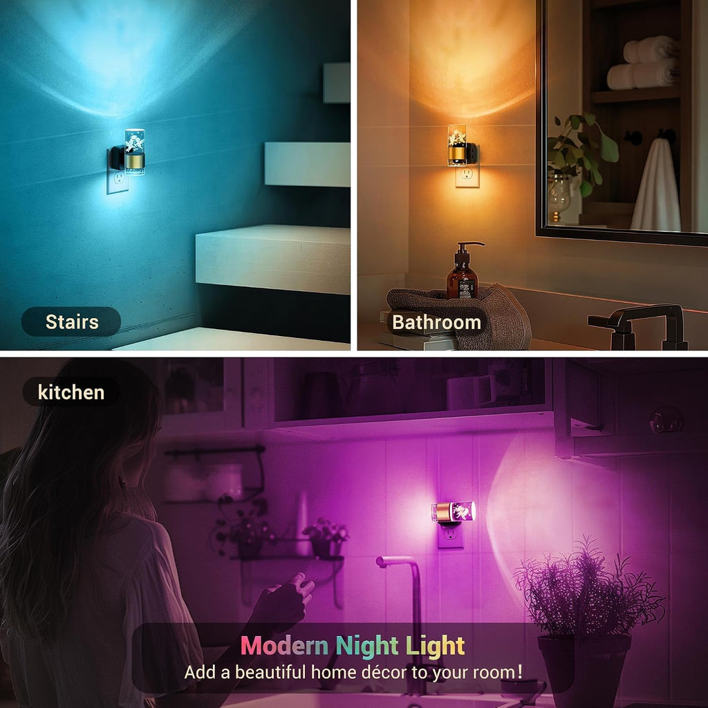 JandCase Night Lights Plug into Wall, Angel Night Light, 2 Pack 3000K+RGB 10-Color LED Nightlight with Dusk to Dawn Sensor, 10/50/100LM…