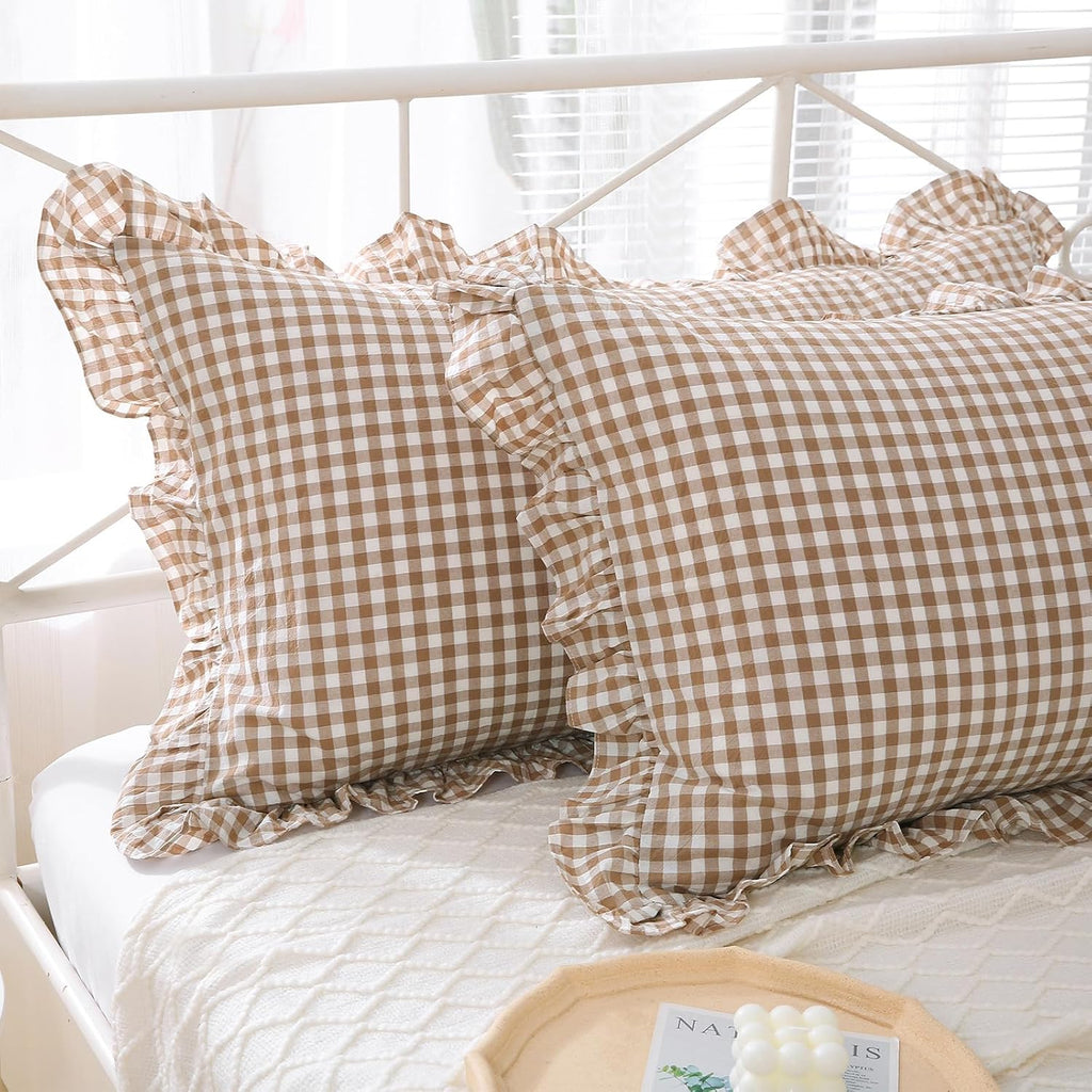 2 Pack Taupe White Plaid Ruffle Gingham King Size Pillow Shams, 100% Yarn-Dyed Washed Cotton Farmhouse Pillow Covers for Bed/Sofa…
