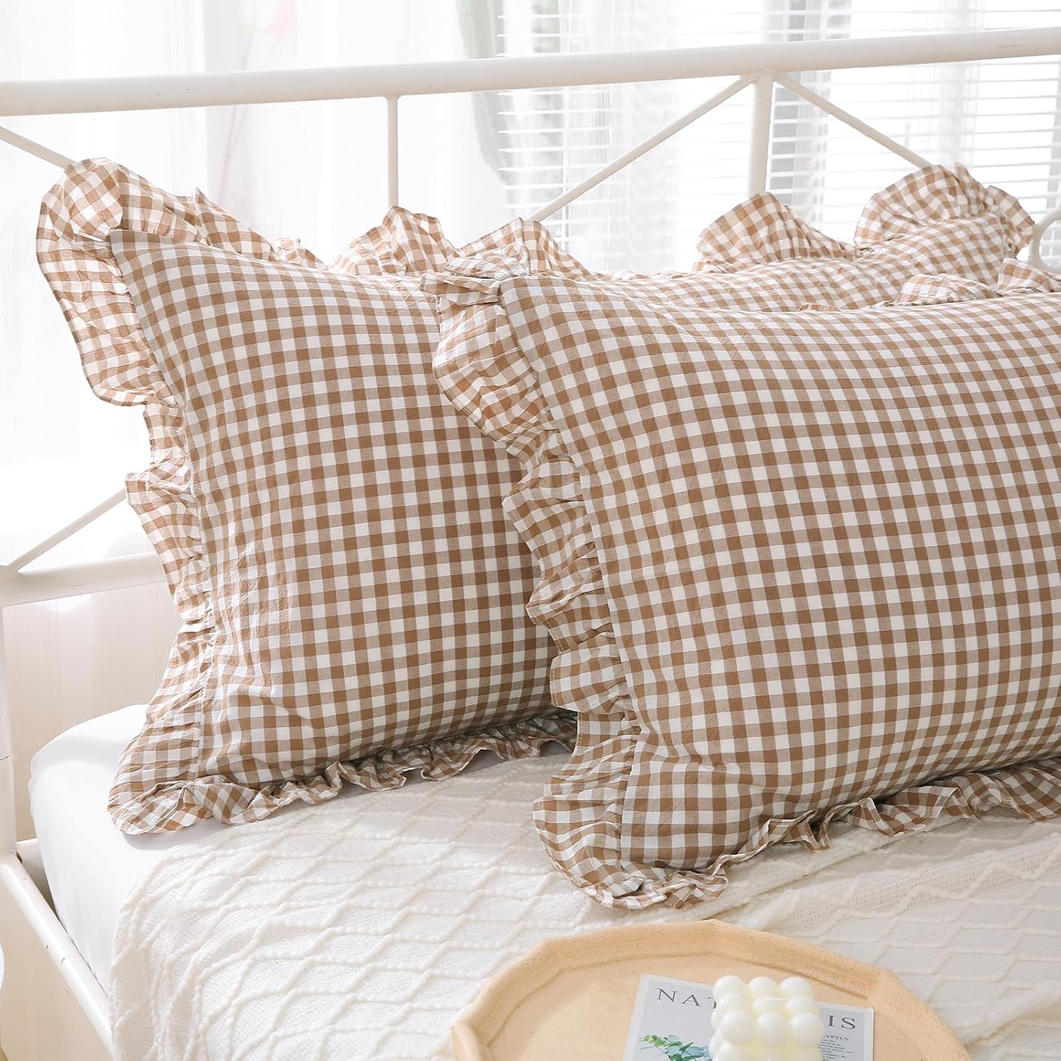 2 Pack Taupe White Plaid Ruffle Gingham King Size Pillow Shams, 100% Yarn-Dyed Washed Cotton Farmhouse Pillow Covers for Bed/Sofa…