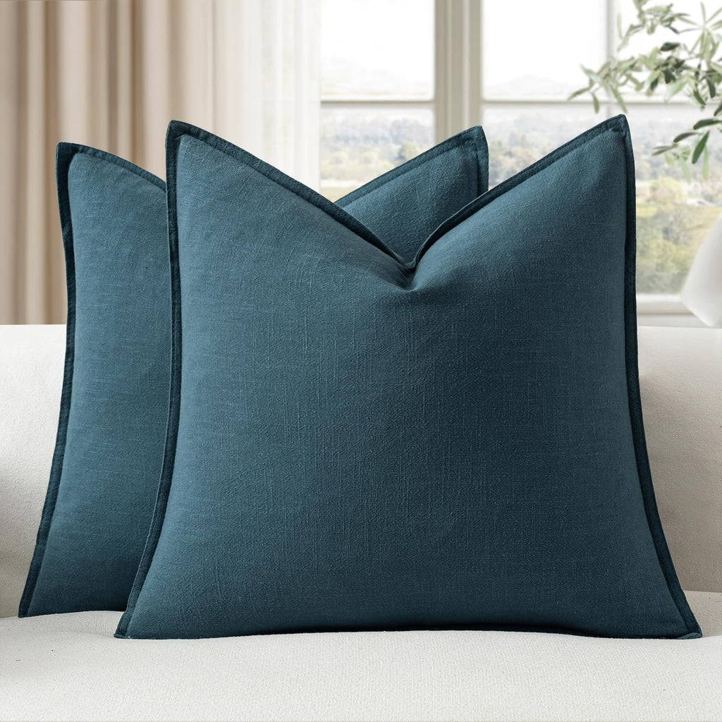 EMEMA Decorative Linen Throw Pillow Covers 18x18 Inch Navy Blue Boho Farmhouse Neutral Couch Throw Pillows for Bed Pack of 2 Accent…