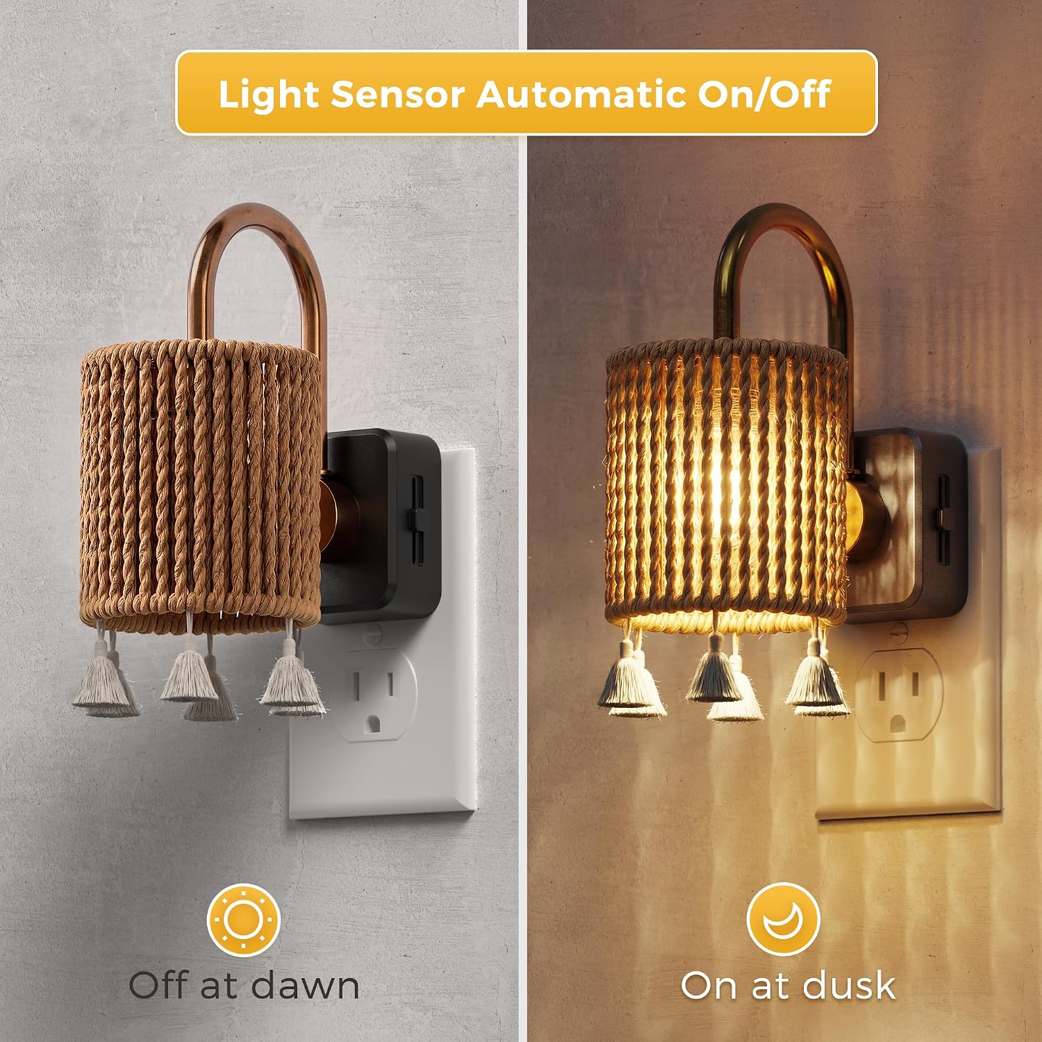L LOHAS LED Night Lights Plug into Wall, Boho Fabric Cylinder Decor Night Light with Tassel, Dusk to Dawn Sensor, 0-100LM Dimmable Night…