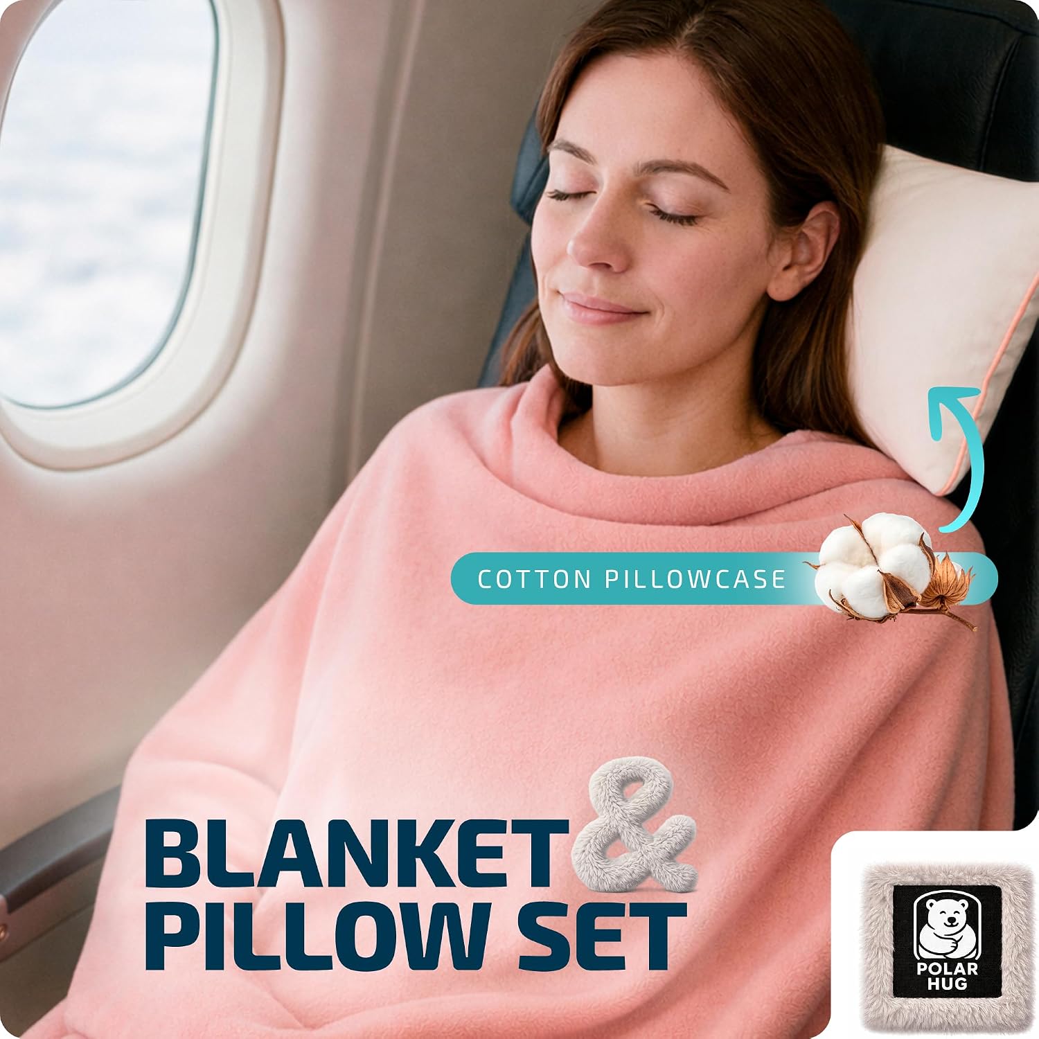 Travel Blanket and Pillow Set — Airplane Blanket with Inflatable Pillow and Cotton Case, Compact Travel Blanket with Back-Neck Snaps for…