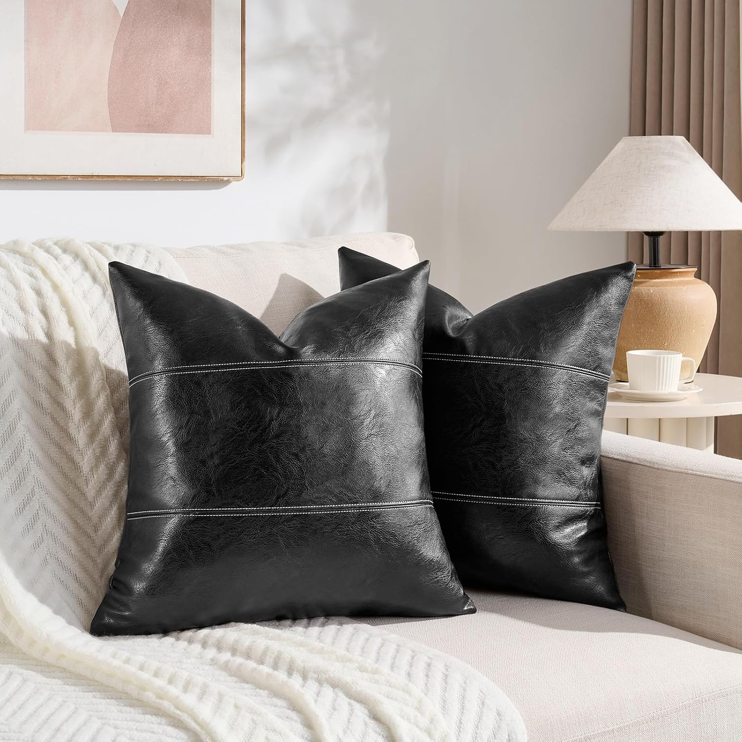 Fancy Homi Black Boho Faux Leather Decorative Throw Pillow Covers 18x18 Inch for Living Room Couch Bed Sofa, Rustic Modern Farmhouse Home…