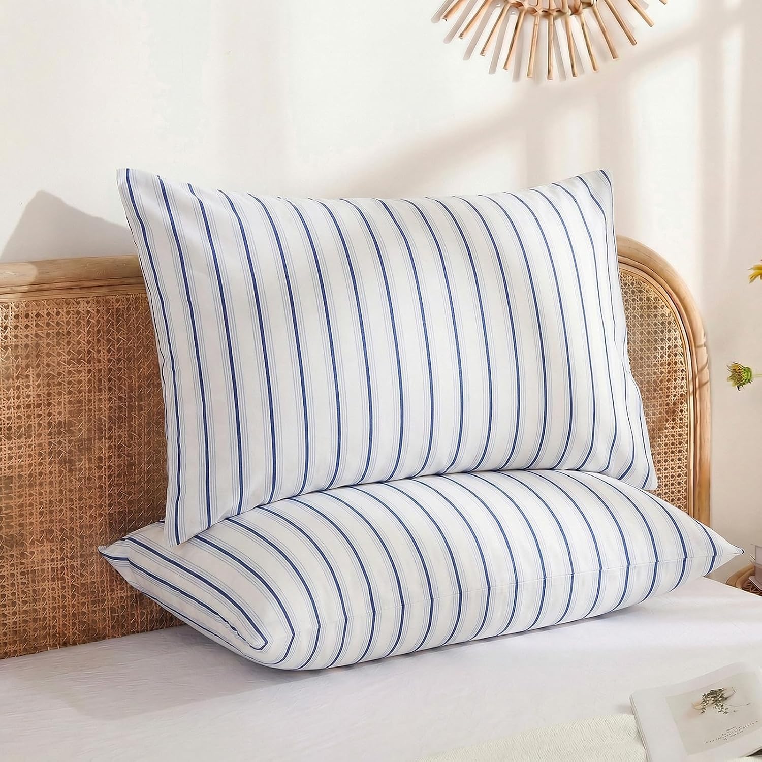 Merryword Standard Size Pillowcases, 100% Cotton Pillow Cases, Blue and White Striped Pillowcases, Soft Breathable Wide Stripes Pillow Cove…