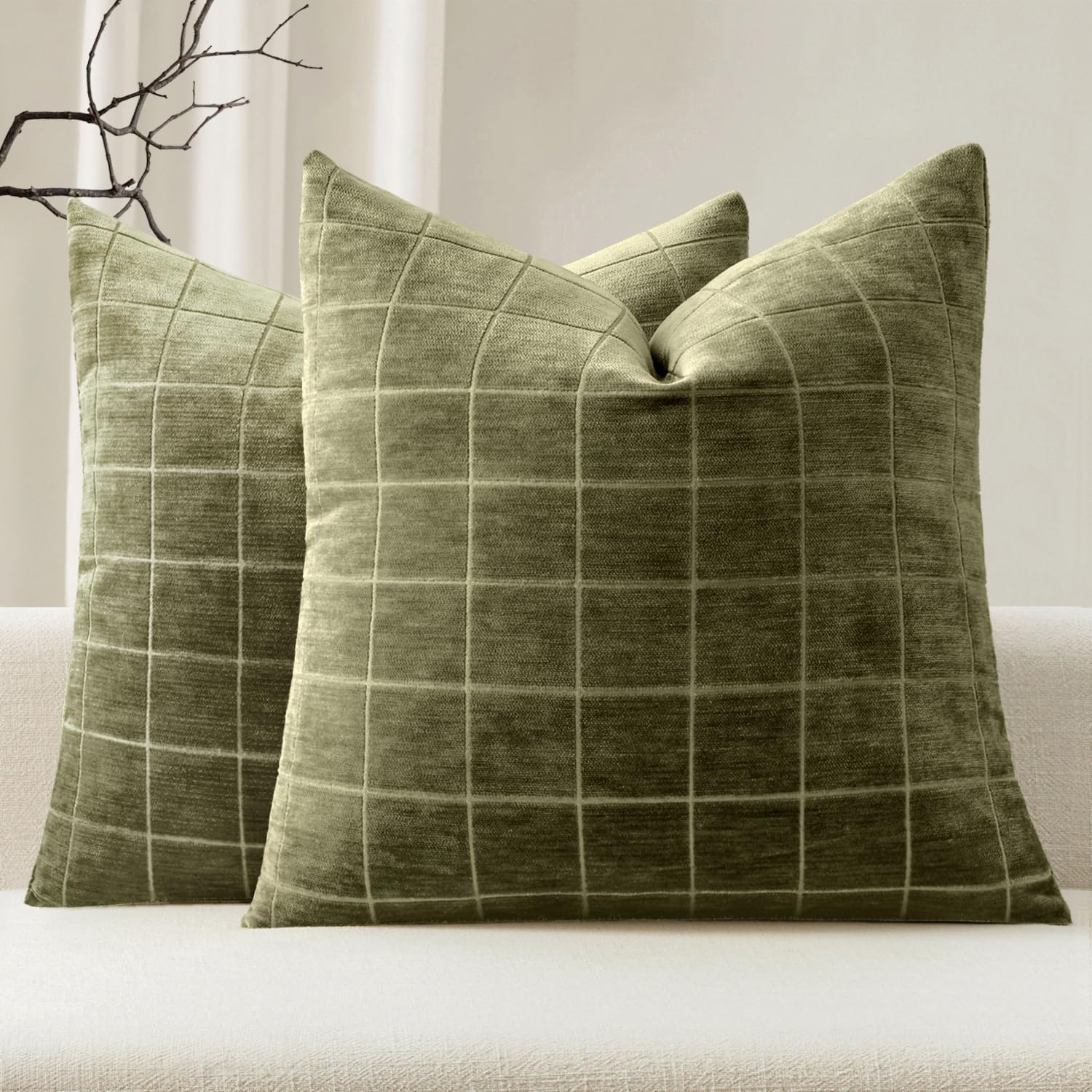 Miulee Decorative Chenille Check Throw Pillow Covers Vintage Plaid Couch Pillows 18x18 Inch Set of 2 Neutral Boho Farmhouse Cushion Covers…