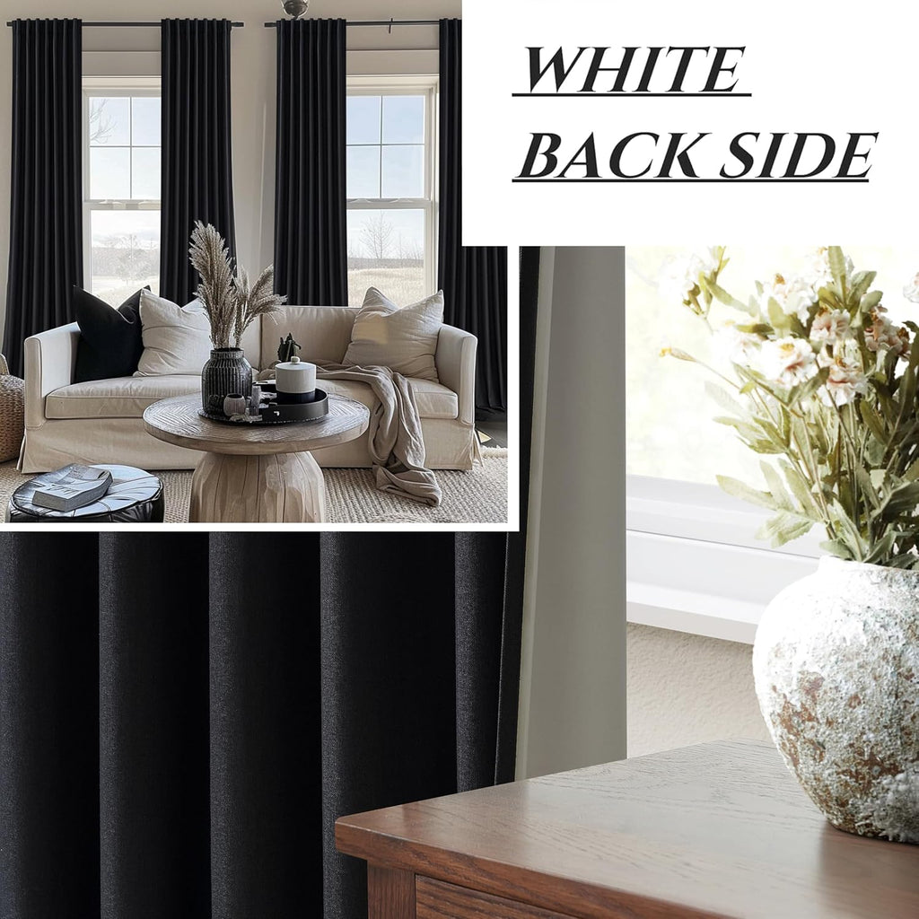 Qjmydeco Extra Long 120 Inch Black Curtains for Living Room, Luxury Linen Blackout Ceiling Track Curtain Rod Pocket for Sliding Glass Doors…