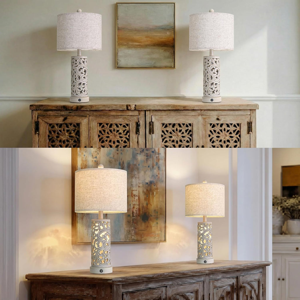 OYEARS Bedside Table Lamps Set of 2 with USB & Night Light, 22'' Farmhouse Bedroom Lamps for Nightstand, Vintage Table Lamps for Bedroom…
