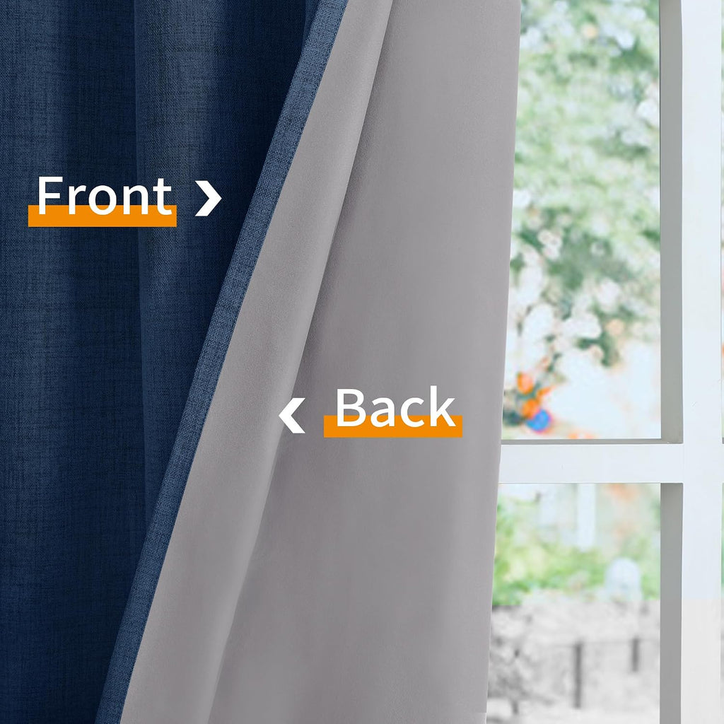 YoungsTex Navy Blue Linen Blackout Curtains 45 Inch Length for Bedroom, Short Thermal Insulated Drapes with Grommet Darkening Privacy for L…