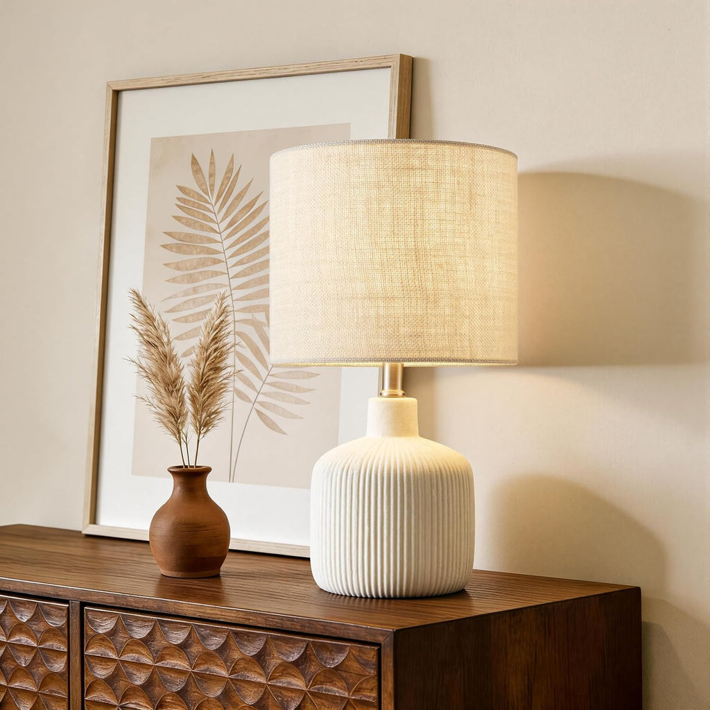 Ceramic Table Lamp, 17.75" Rustic Farmhouse Bedside Lamp with Beige Linen Shade, Warm Ambient Nightstand Lighting for Bedroom or Living…