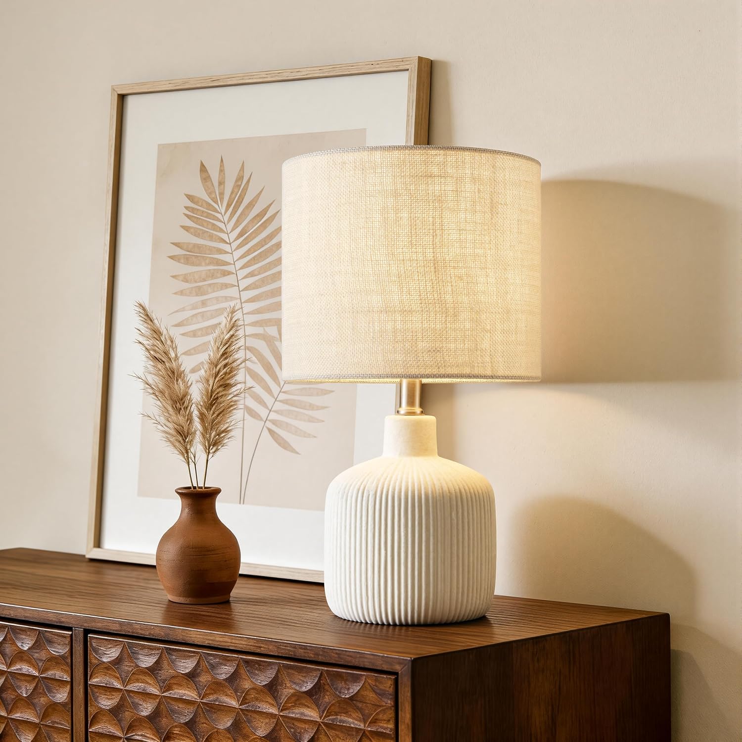 Ceramic Table Lamp, 17.75" Rustic Farmhouse Bedside Lamp with Beige Linen Shade, Warm Ambient Nightstand Lighting for Bedroom or Living…