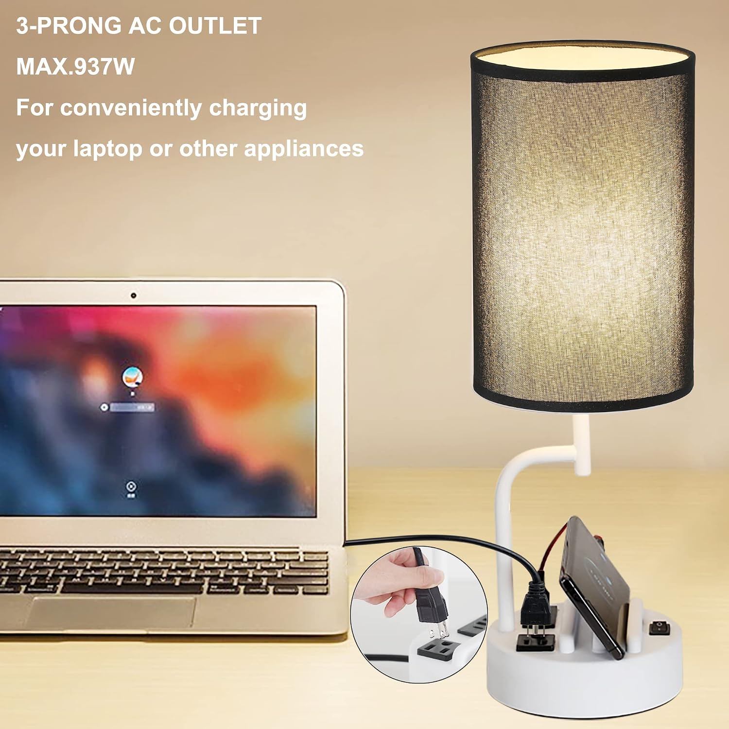 Dreamholder Table Lamp with 3 USB Charging Ports, Modern Desk Lamp with AC Outlet and Phone Stands, Perfect Bedside Lamp for Bedroom…
