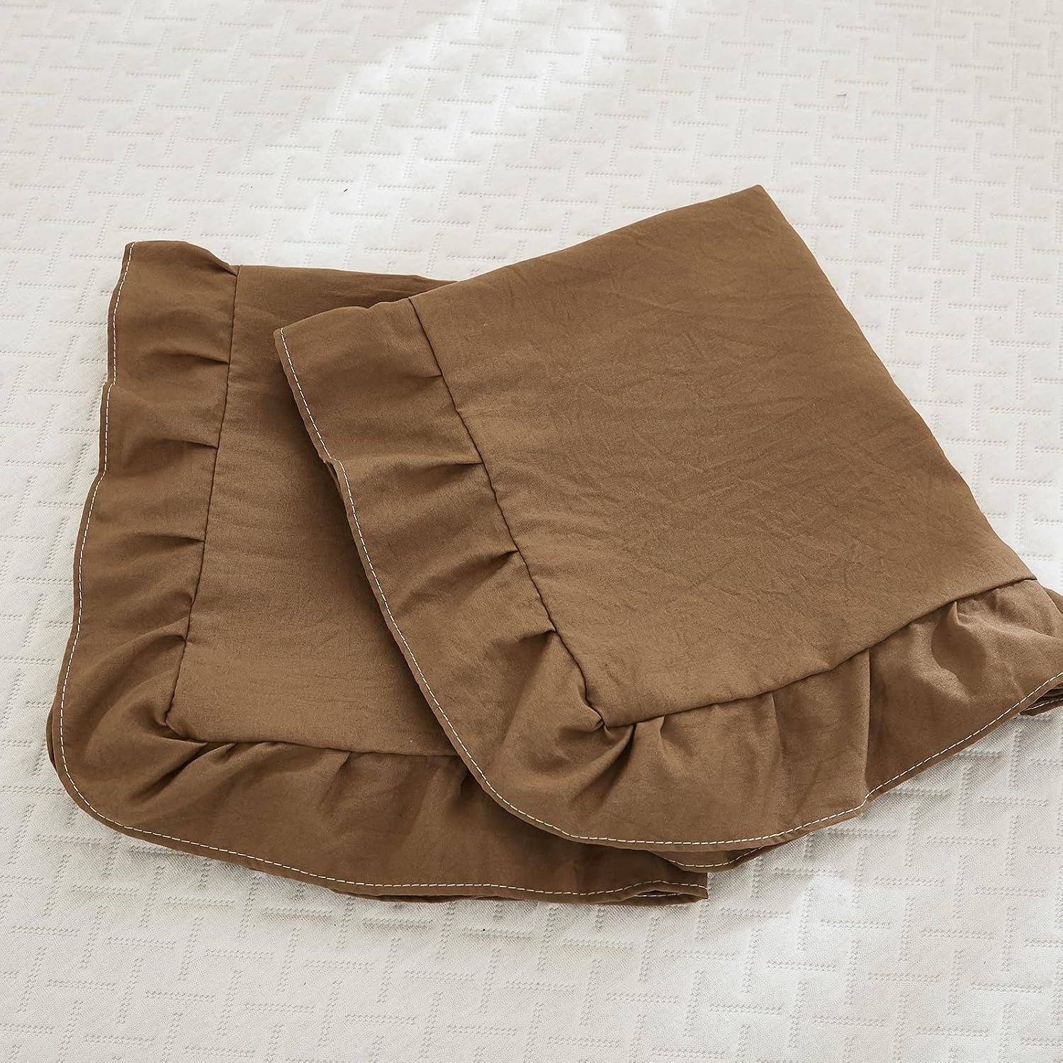 Merryword Brown Pillow Shams Coffee Brown Ruffle Queen Pillowcases Cute Pillow Cover Set of 2 Shabby Chic Soft Pillowcases 2 Pack (Queen (2…