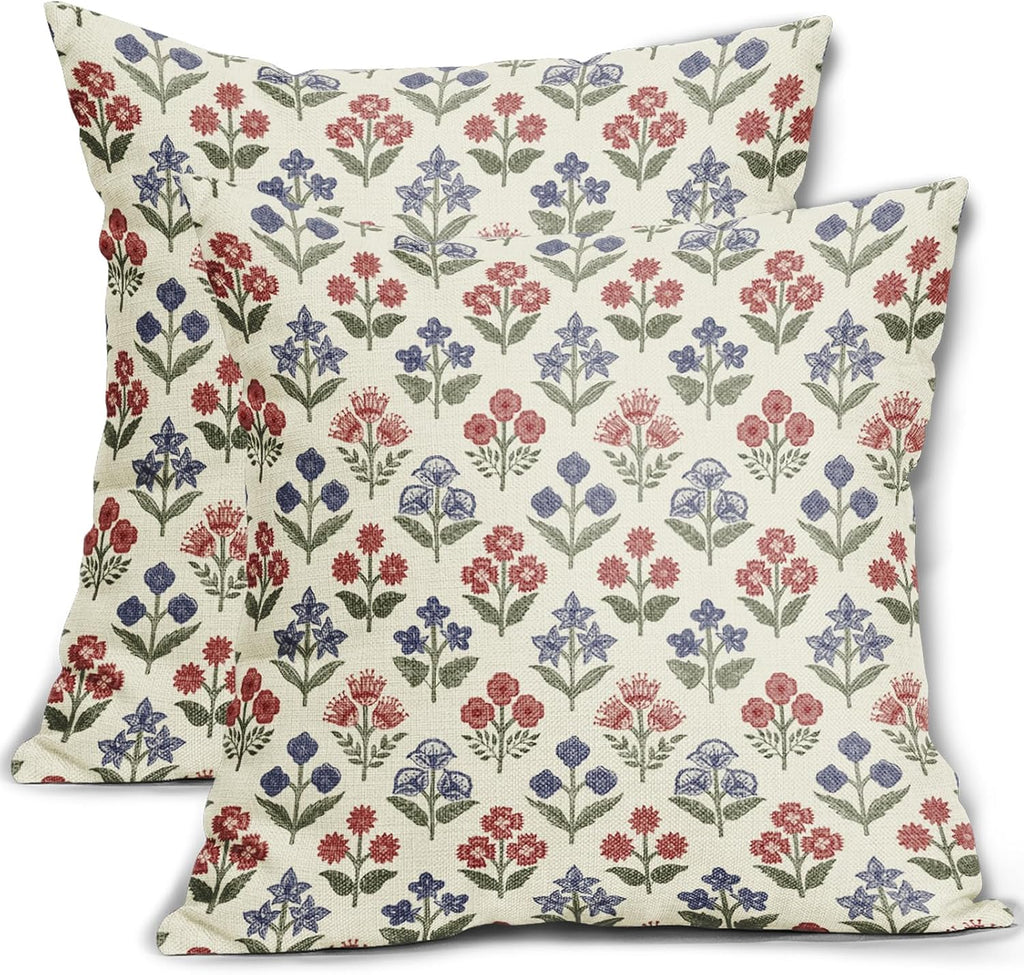 4th of July Patriotic Floral Pillow Covers 16x16 Inch Set of 2, Navy Blue Red Green Flower Block Print Decorative Throw Pillowcases…