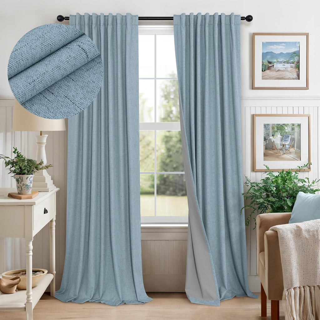 Pitalk Slate Stone Blue Linen Blackout Curtains 90 Inch Long 2 Panels for Boys Bedroom Kids Back Tab Rod Pocket Pleated Thermal Insulated E…