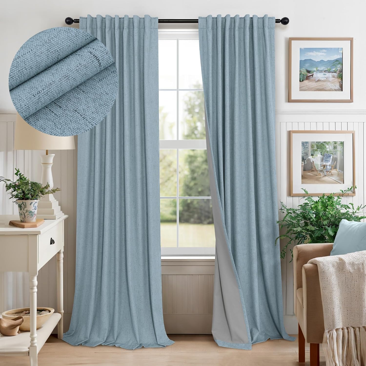 Pitalk Slate Stone Blue Linen Blackout Curtains 90 Inch Long 2 Panels for Boys Bedroom Kids Back Tab Rod Pocket Pleated Thermal Insulated E…