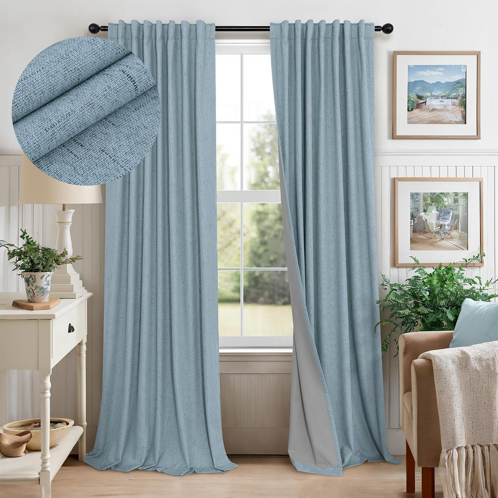 Pitalk Light Blue Blackout Curtains 96 Inches Long for Living Room Country Rustic Faux Linen Black Out Thermal Insulated Darkening Curtain…