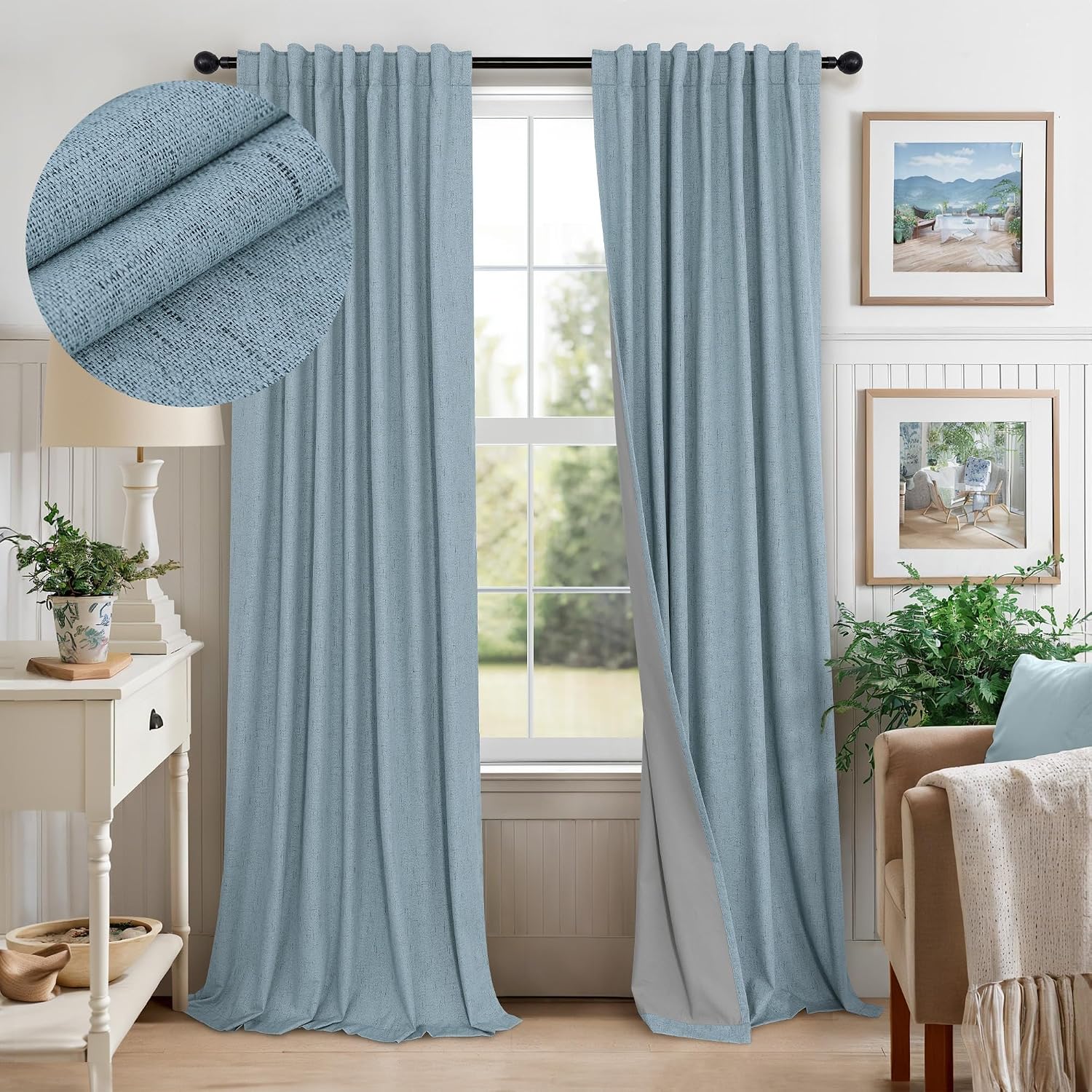 Pitalk Light Blue Blackout Curtains 96 Inches Long for Living Room Country Rustic Faux Linen Black Out Thermal Insulated Darkening Curtain…
