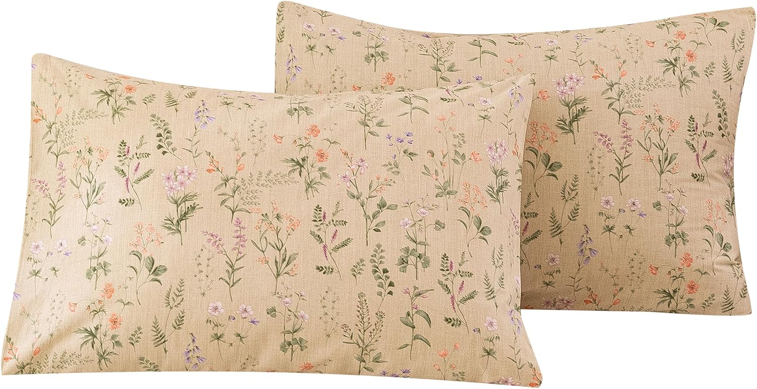 ECOCOTT Floral Pillowcases King Size Set of 2, 100% Washed Cotton Pillow Cases with Envelope Closure, Beige Botanical Wildflower Printed…
