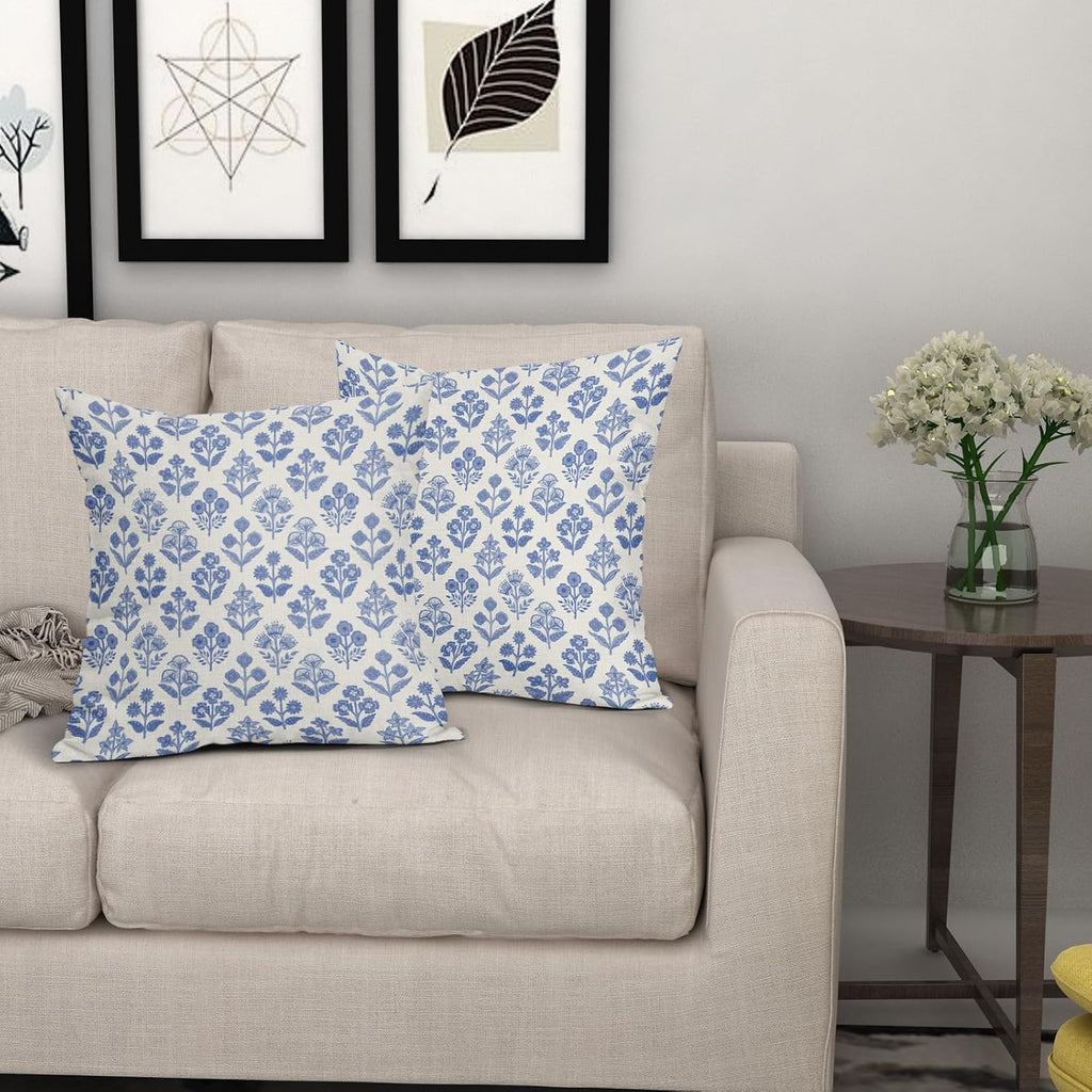 Blue Floral Pillow Covers 24x24 Inch Set of 2, Vintage Flower Block Print Pattern Decorative Throw Pillowcases Outdoor Farmhouse Cushion…