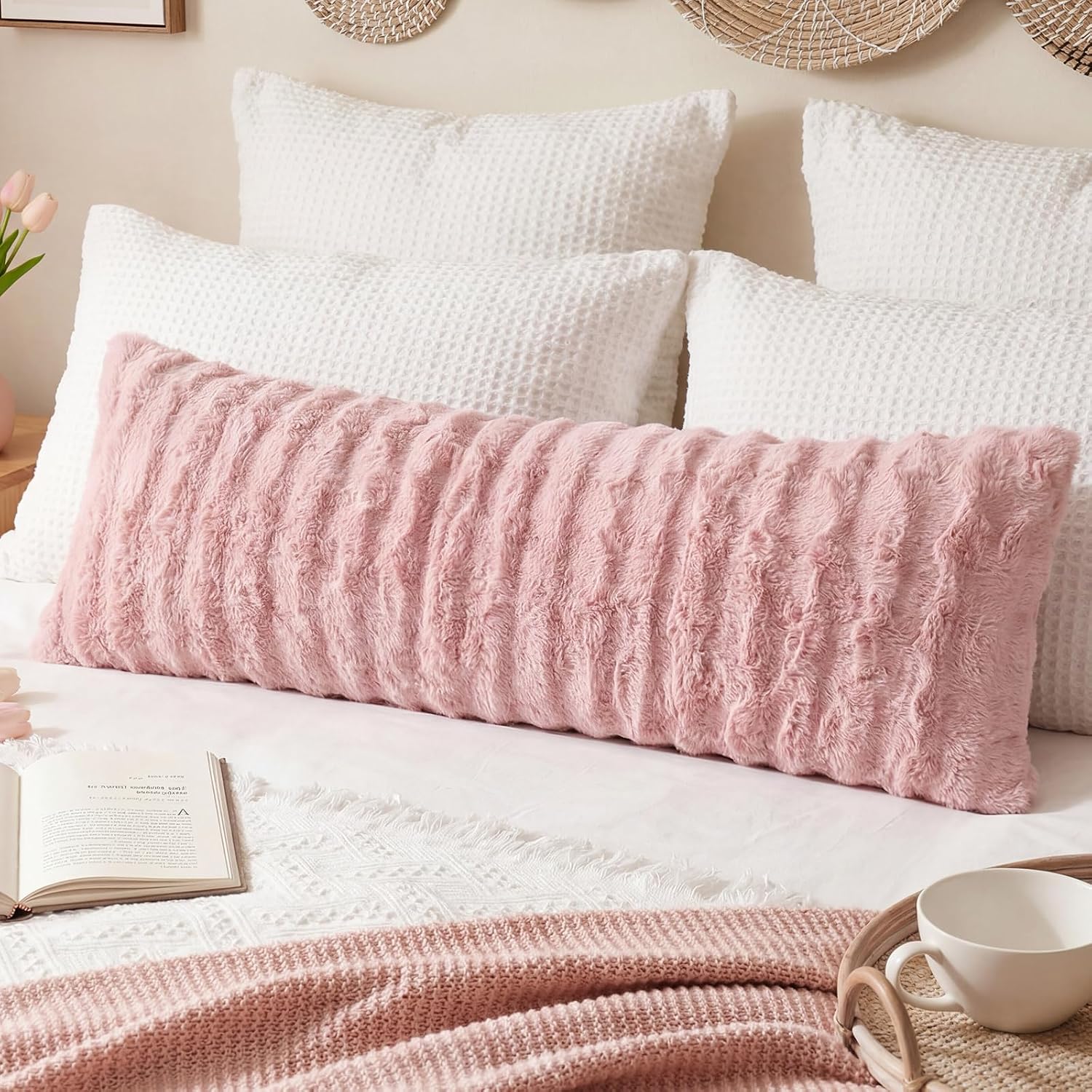 Chumerry Blush Pink Plush Body Pillow Case Fluffy Shaggy Faux Fur Pillow Cover Ultra Soft Warm Rabbit Fur Decorative Body Pillow Cover Long…