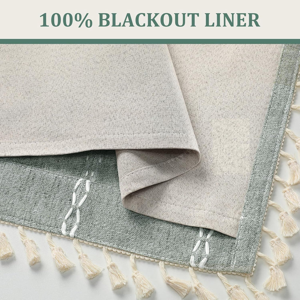 XOGUIBO Teal Boho Blackout Curtains 72 Inches Long Light Green Linen Blend 2 Panels with Tassels and Cotton Embroidery, Farmhouse Vi…