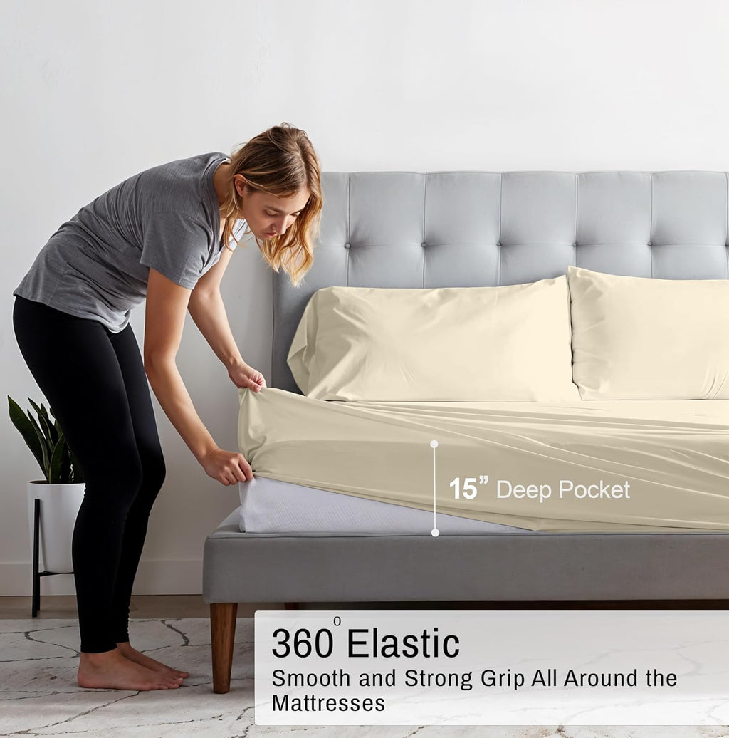 Ruvanti 100% Cotton Organic Percale Sheets Queen Size – Crisp Cooling Bed Sheets for Hot Sleepers, Deep Pocket 15”, Soft Peach Finish, Brea…