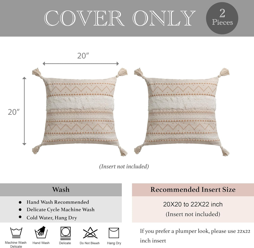 BlissBlush Decorative Throw Pillow Covers 20x20 Combo Set of 2 Square Cream Neutral White Boho Accent Pillowcase Tassels Farmhouse…