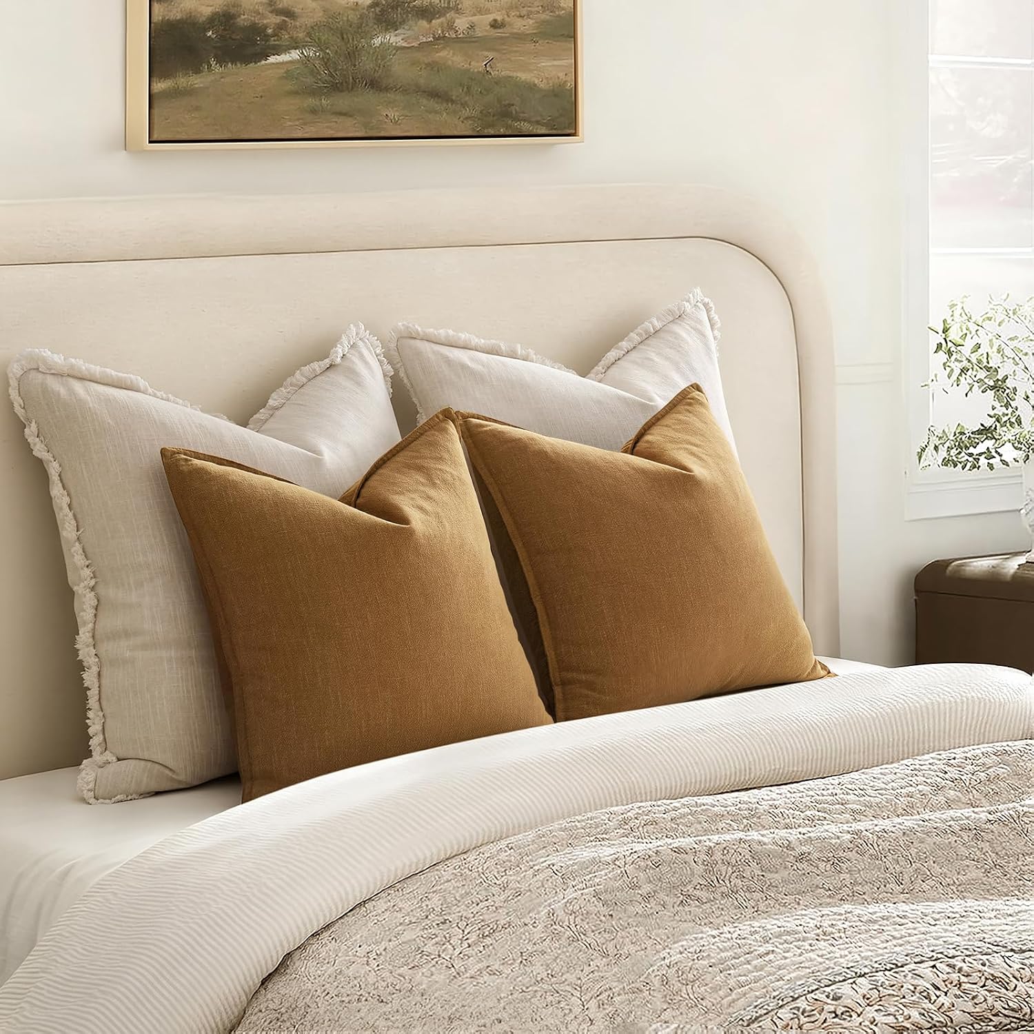 Anroduo Pack of 2 Decorative Linen Pillow Covers Camel Brown Neutral Farmhouse Boho Soild Cushion Case Soft Accent Pillowcase for Couch Sof…