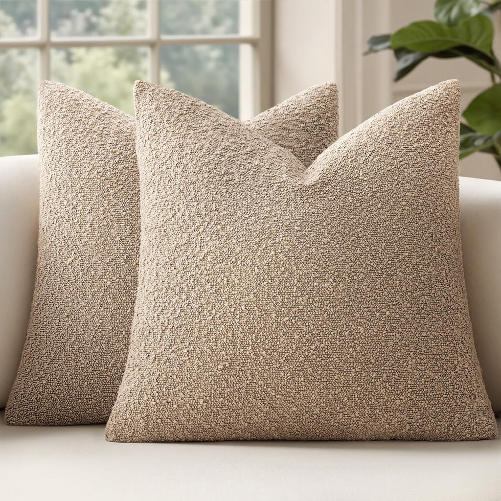 Miulee 22x22 Inch Decorative Euro Sham Pillow Covers for Couch Bed Set of 2 Textured Boucle Neutral Throw Pillow Covers Taupe Khaki Camel A…