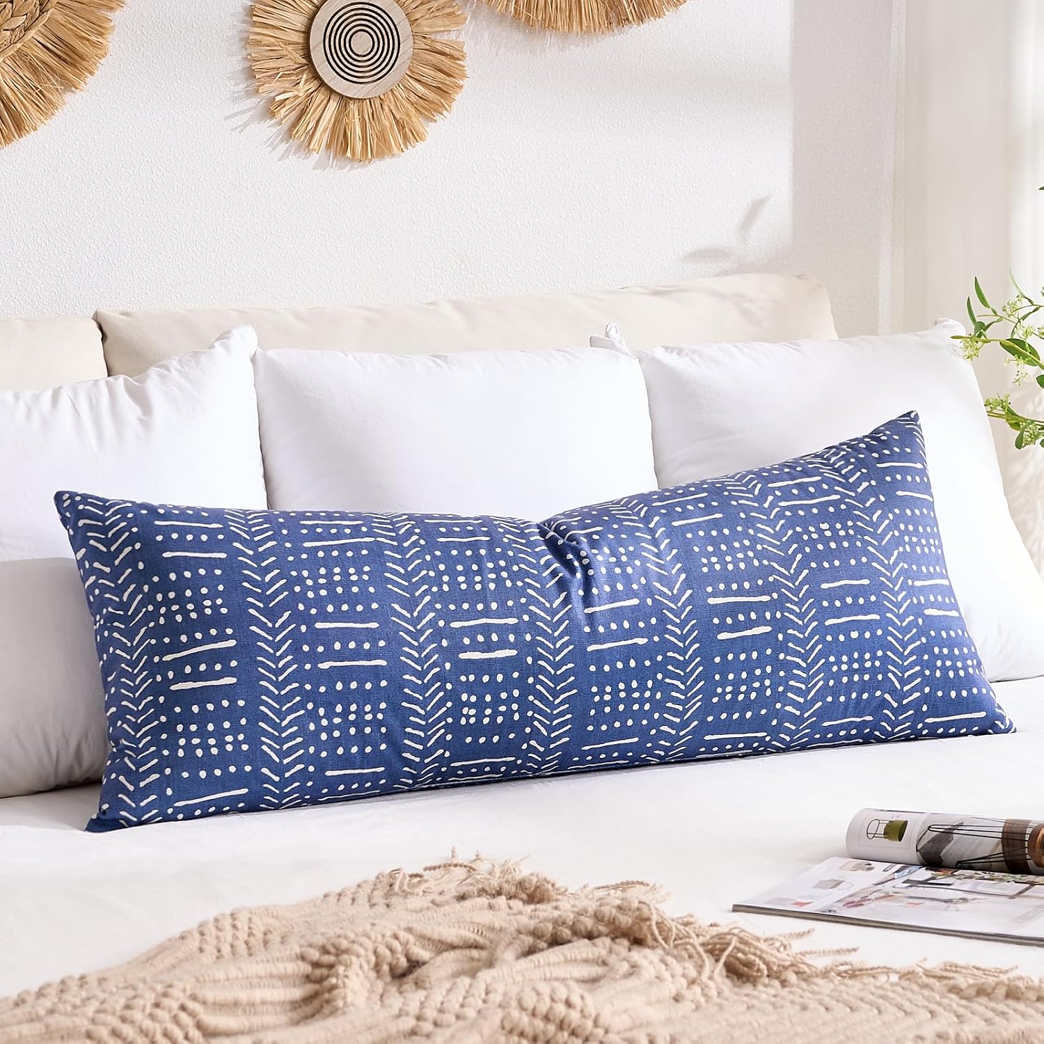 BONSTRAP Decorative Lumbar Pillow Covers Farmhouse Boho Cushion Covers 14X36 Neutral Vintage Blue Body Pillow Covers 1 Piece for Cou…