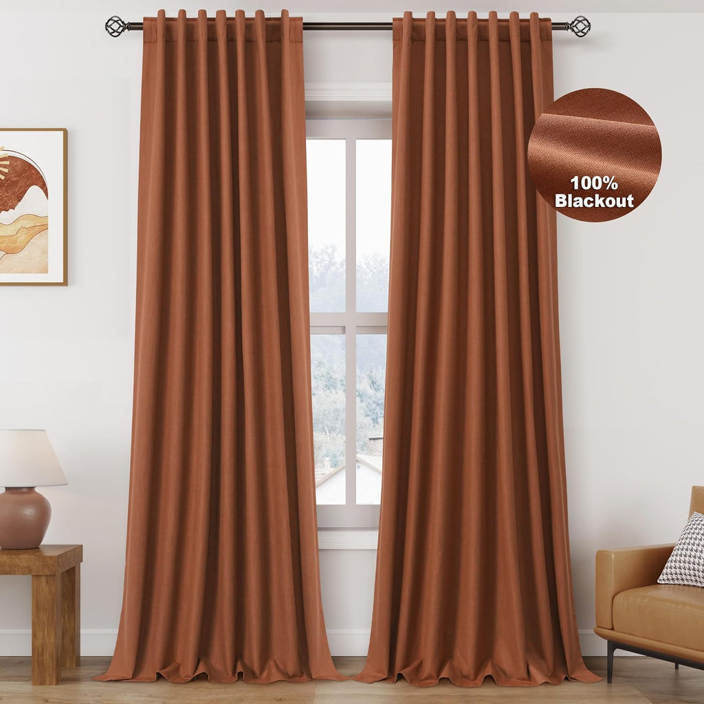 Nanspring Terracotta 100% Blackout Linen Curtains for Bedroom 90 Inches Long Back Tab Thermal Insulated Boho Farmhouse Decor Black Out Curt…
