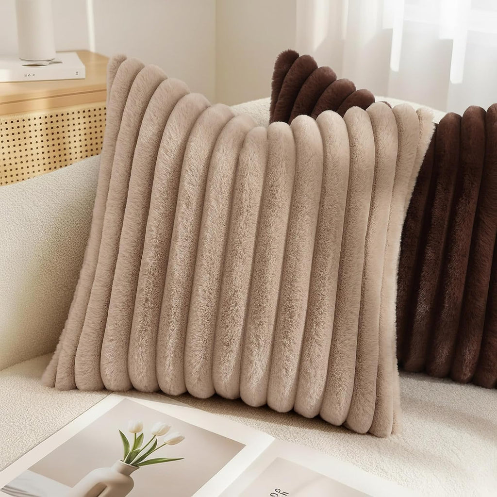 decorUhome Cozy Faux Fur Throw Pillow Covers 24x24 Set of 2 Decorative Soft Plush Striped Modern Farmhouse Boho Couch Euro Sham Pillow Case…