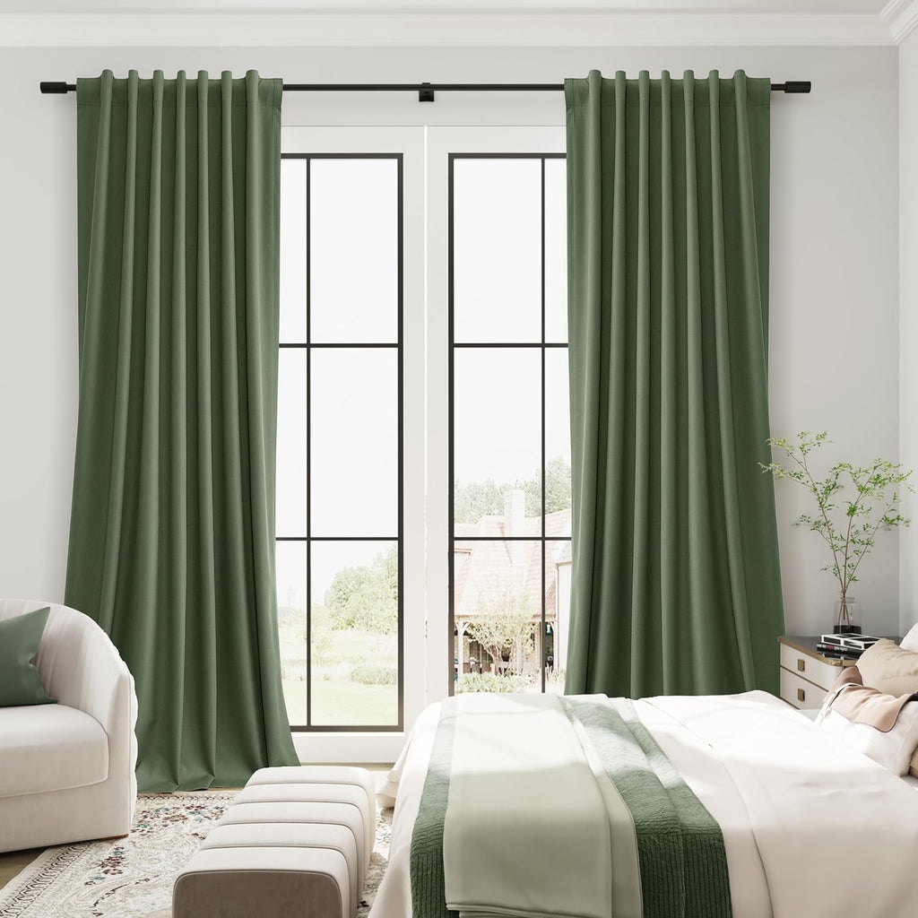 Guken Olive Green 100% Blackout Linen Curtains for Bedroom 105 Inches Long Back Tab Hook Belt Textured Elegant Country Black Out Room Darke…