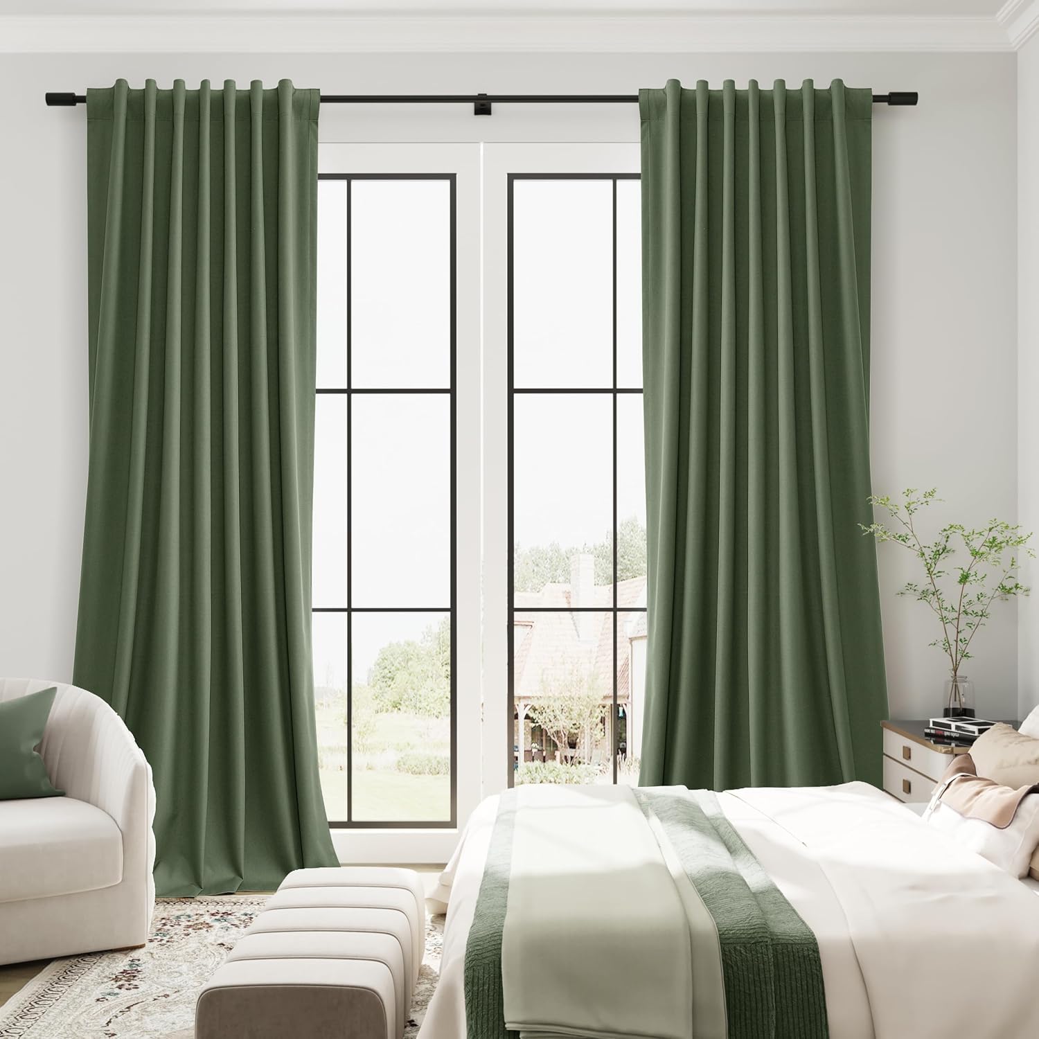 Guken Olive Green 100% Blackout Linen Curtains for Bedroom 105 Inches Long Back Tab Hook Belt Textured Elegant Country Black Out Room Darke…