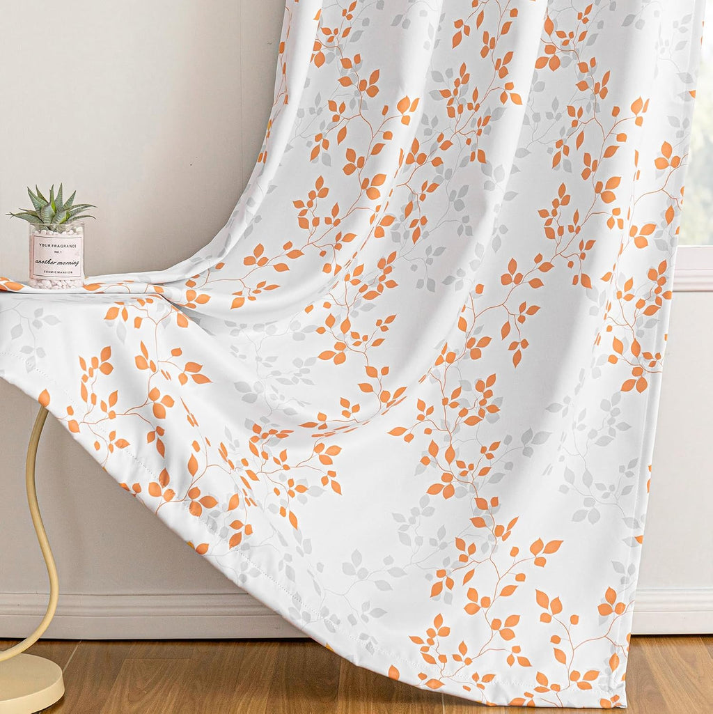 Meetsky 95% Blackout Curtains 84 Inch Long 2 Panels Set for Living Room - Grey and Orange Leaves Patterned Thermal Insulated Room Darkening…
