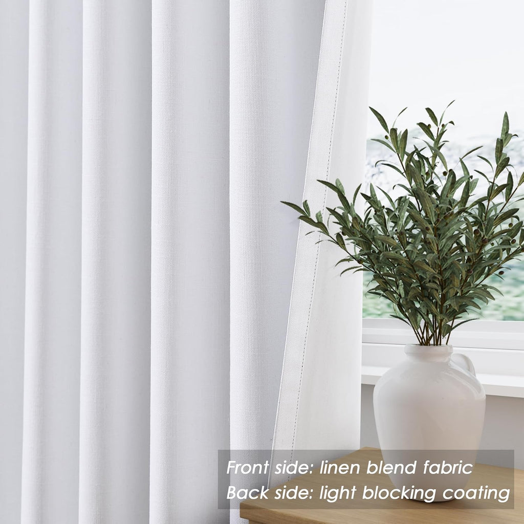 Nanspring White Linen 100% Blackout Curtains, 120 Inch Length 2 Panels Set Burg Extra Long 10 Ft Back Tab Pocket Drapes Cotton Textured Tot…