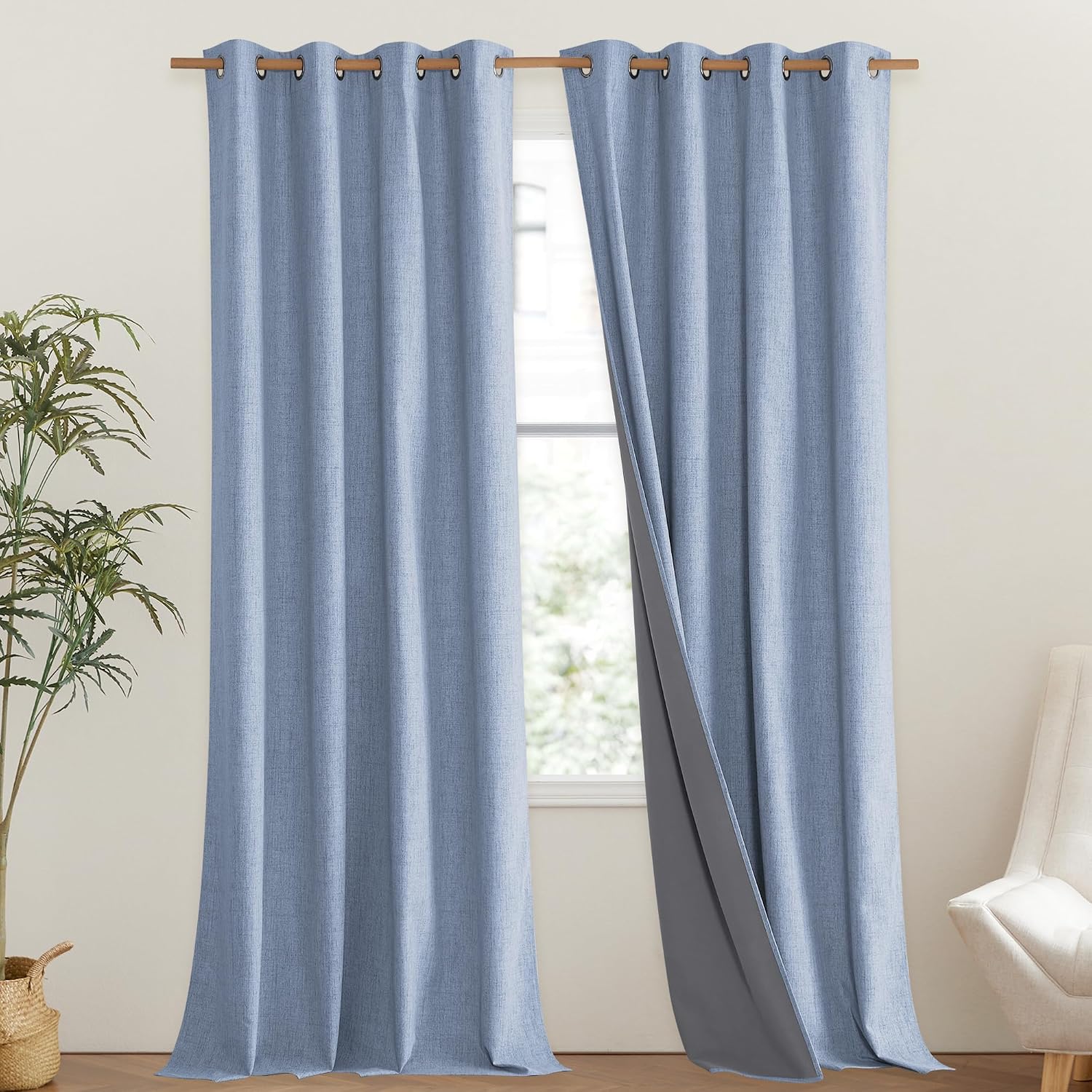NICETOWN Stone Blue Vintage Linen 100% Blackout Curtains for Living Room, Thermal Insulated Curtains 95" Long, Noise Reducing Window…